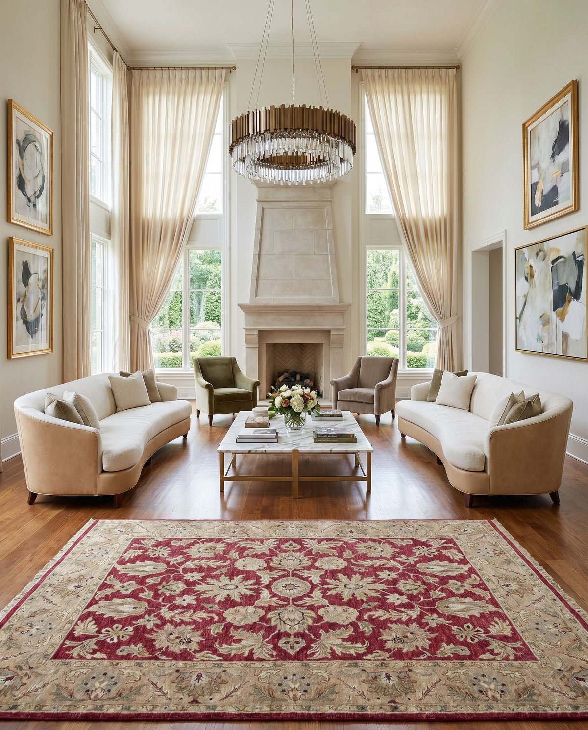 Timeless TIM-7901 Hand Knotted Rug styled in an elegant designer living room — hand knotted traditional area rug in red, mustard, olive and dusty sage tones