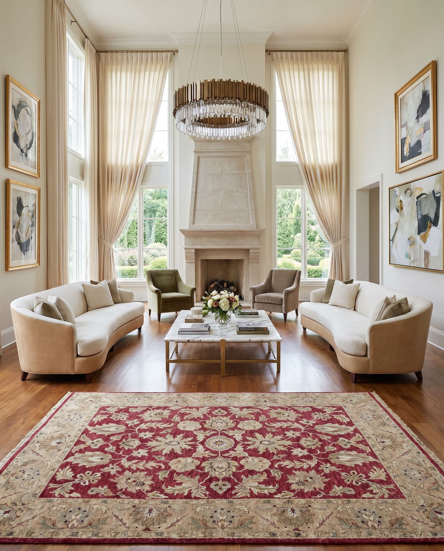 Timeless TIM-7901 Hand Knotted Rug styled in an elegant designer living room — hand knotted traditional area rug in red, mustard, olive and dusty sage tones