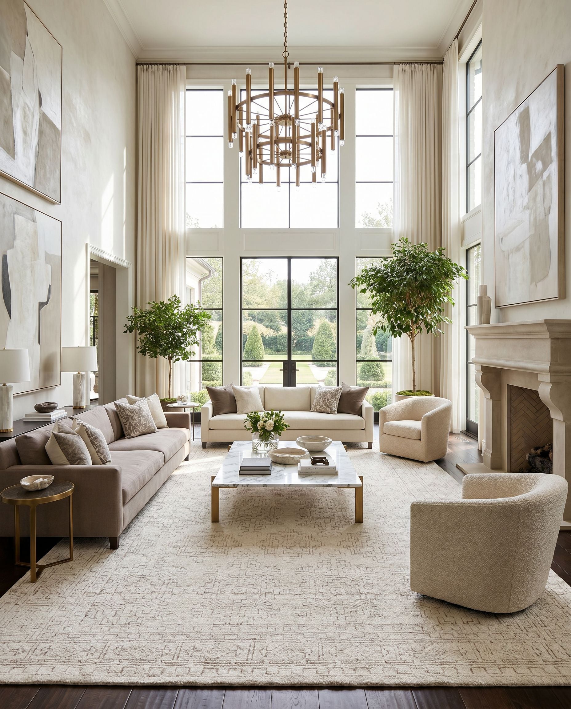 Bella LLB-2301 Hand Knotted Rug styled in an elegant designer living room — hand knotted traditional area rug in medium gray, white and medium brown tones