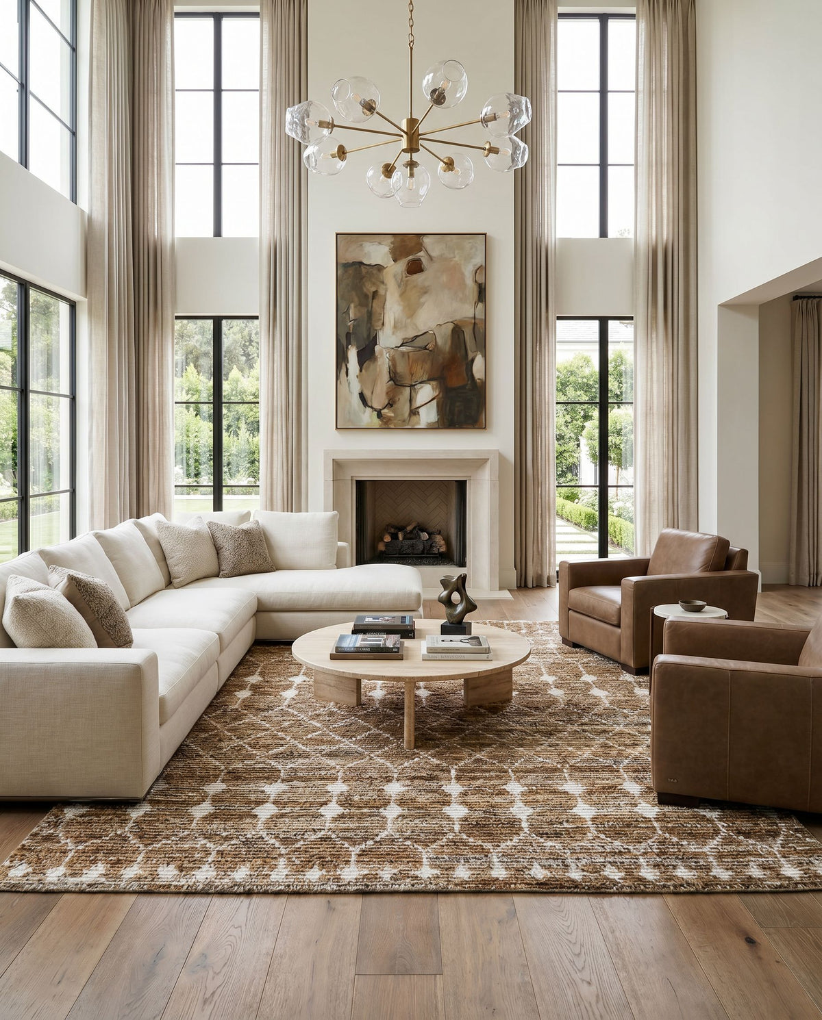 Birch BHC-2300 Hand Knotted Rug styled in an elegant designer living room — hand knotted global area rug in brown, black and cream tones