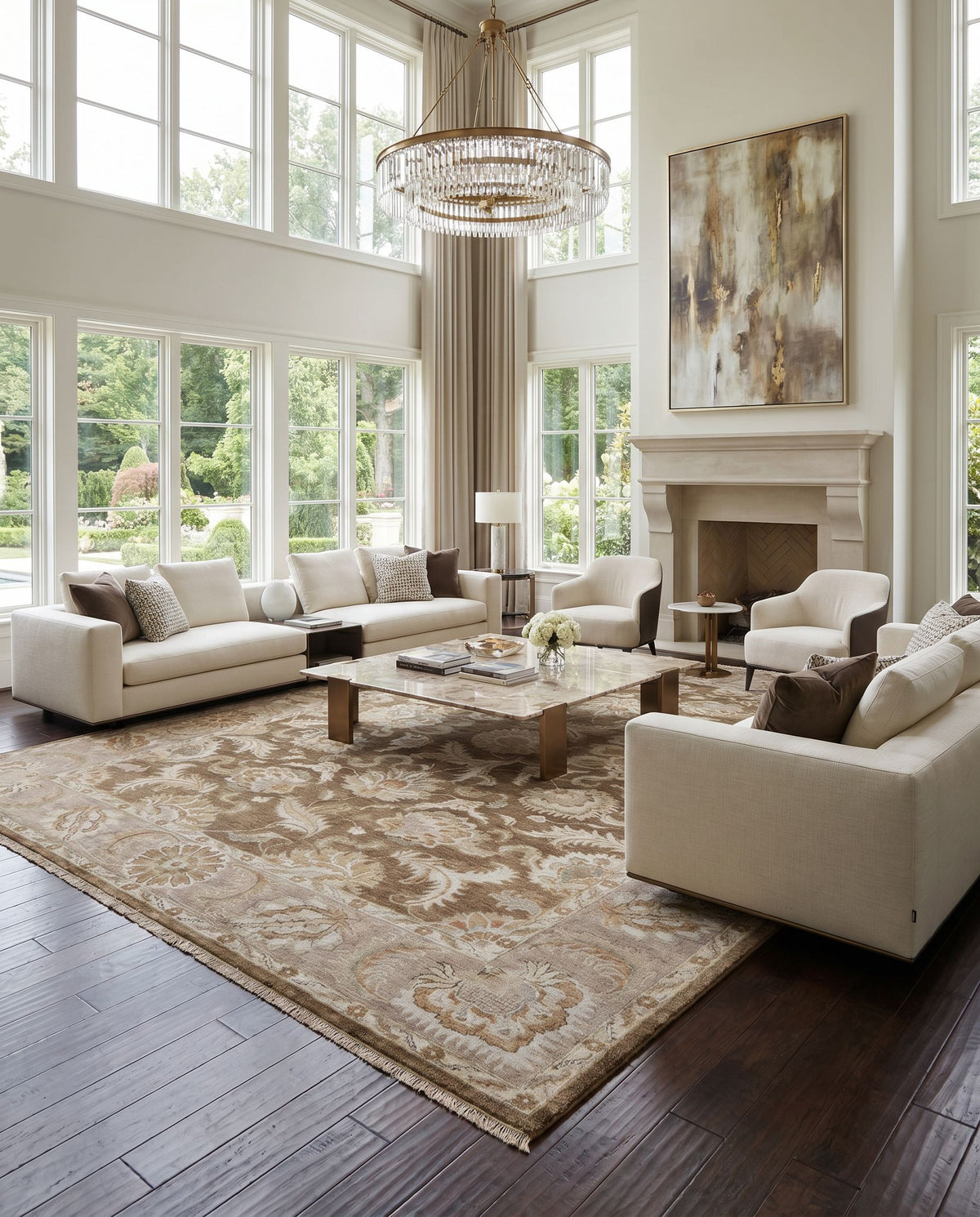 Timeless TIM-7907 Hand Knotted Rug styled in an elegant designer living room — hand knotted traditional area rug in gray, tan, brown and light brown tones