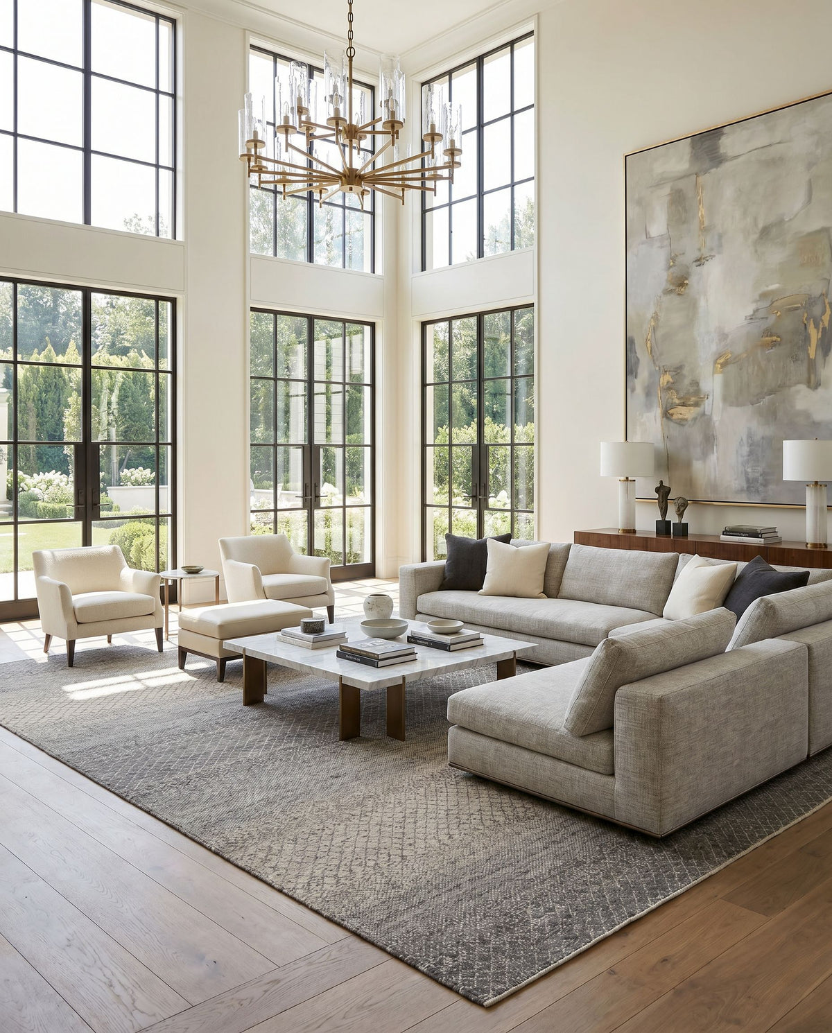 Bethesda BTD-2300 Hand Knotted Rug styled in an elegant designer living room — hand knotted global area rug in gray, charcoal, black and oatmeal tones