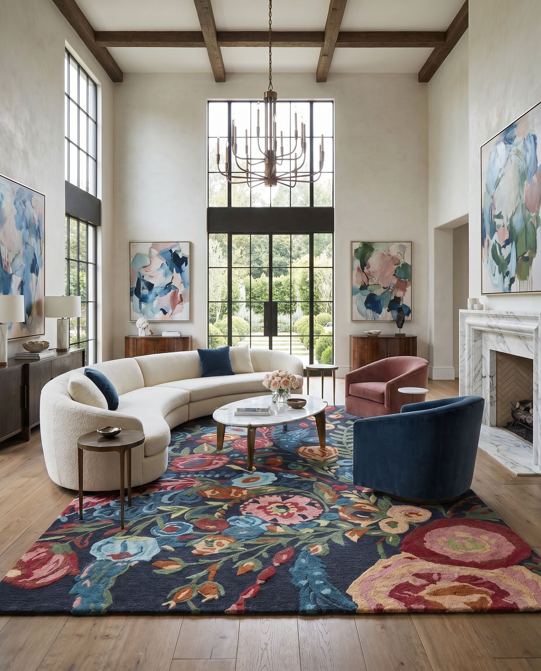 Shindig SDG-2306 Hand Tufted Rug styled in an elegant designer living room — hand tufted cottage area rug in midnight blue, crimson, coral and mustard tones