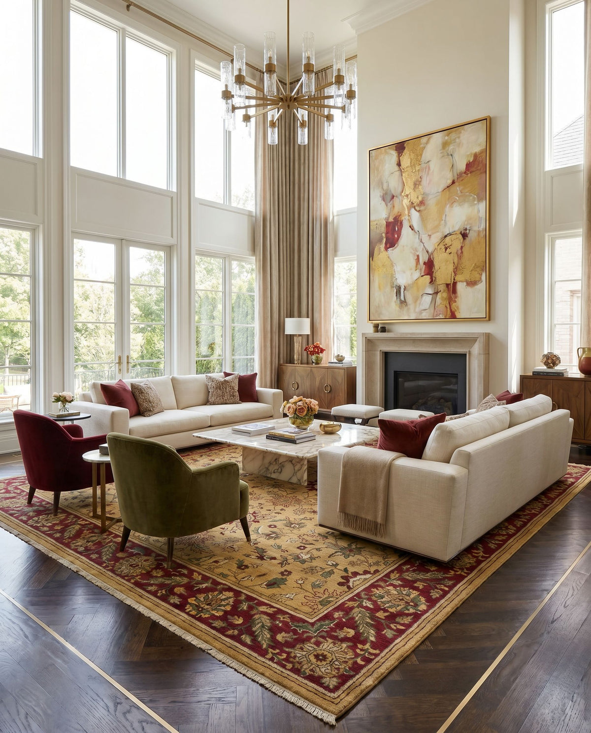 Babylon BL-1902 Hand Knotted Rug styled in an elegant designer living room — hand knotted traditional area rug in rust, mustard, tan and brown tones