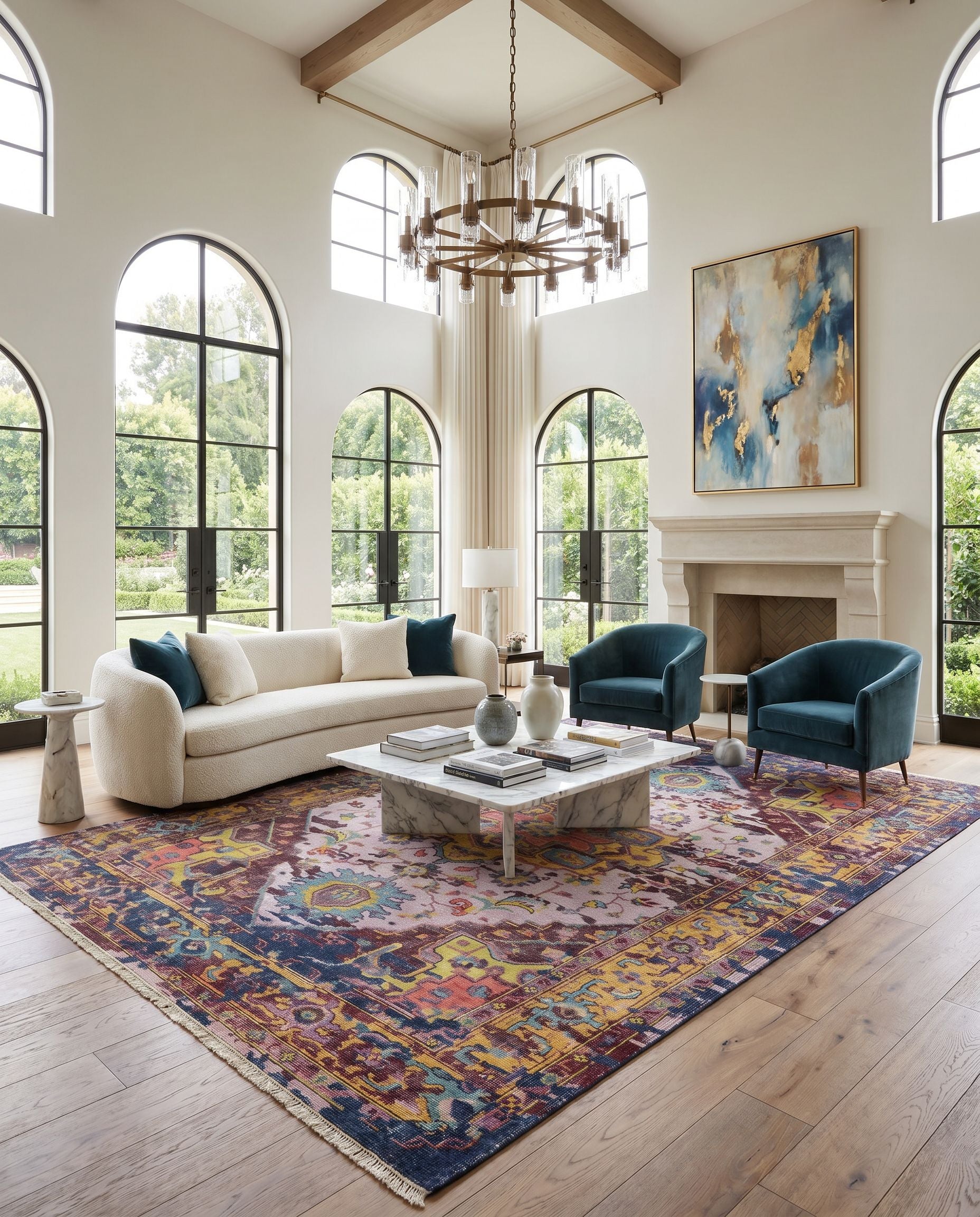 Festival FVL-1004 Hand Knotted Rug styled in an elegant designer living room — hand knotted traditional area rug in burgundy, lilac, medium gray and light olive tones