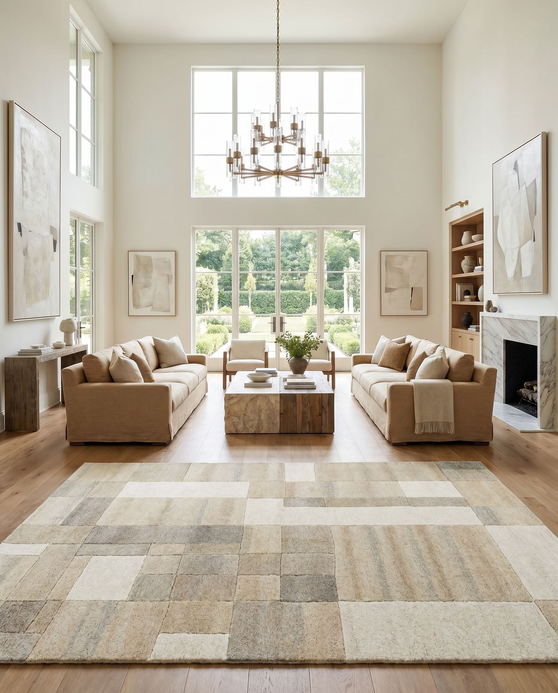Forum FM-7246 Hand Tufted Rug styled in an elegant designer living room — hand tufted modern area rug in ivory, sandstone, taupe and beige tones