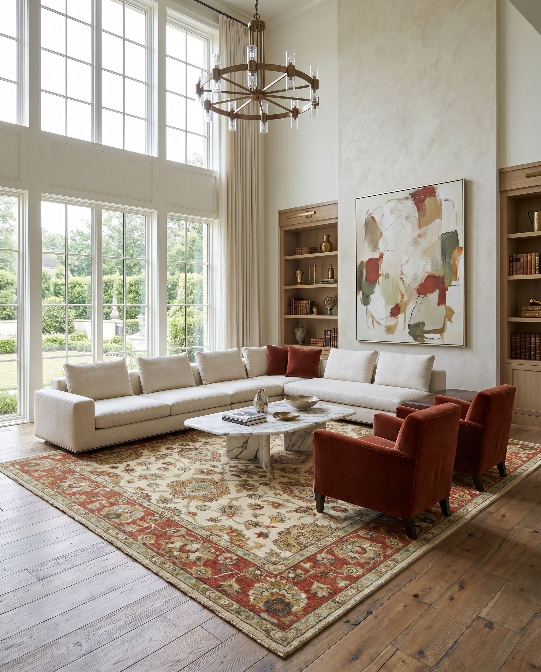 Pazyryk PZY-1002 Hand Knotted Rug styled in an elegant designer living room — hand knotted traditional area rug in light olive, rust, pale blue and tan tones