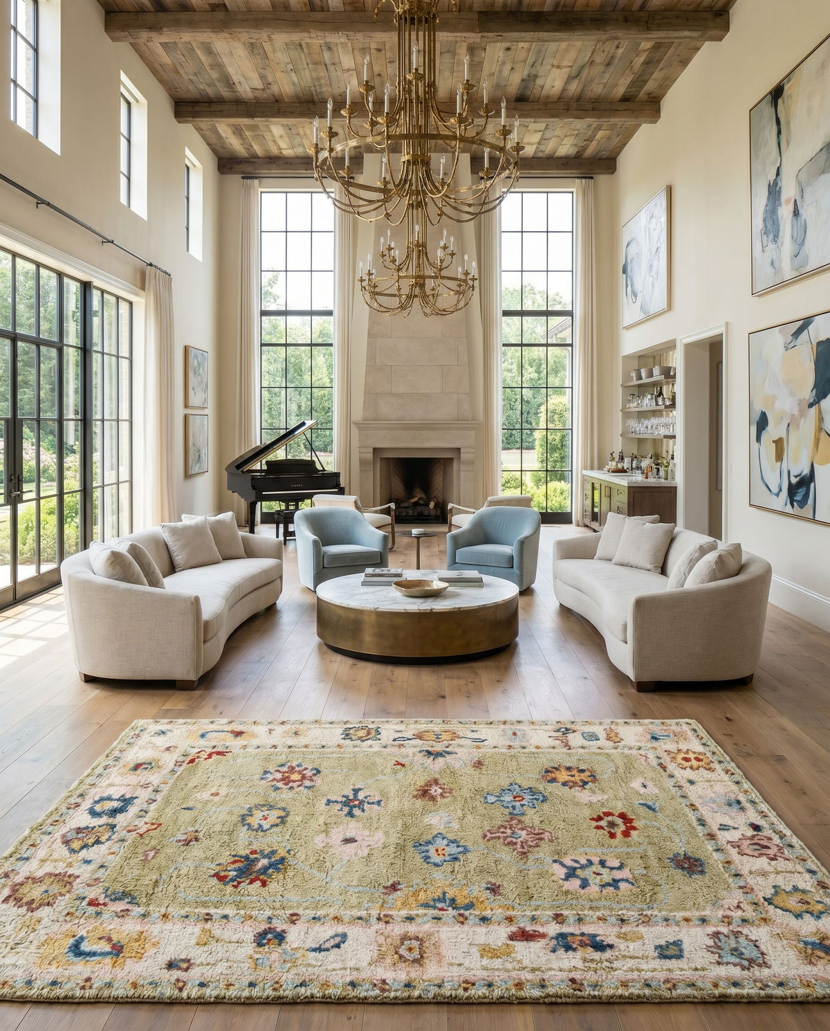 Marrakech MRK-2307 Hand Knotted Rug styled in an elegant designer living room — hand knotted traditional area rug in light sage, dark blue, pale blue and light pink tones