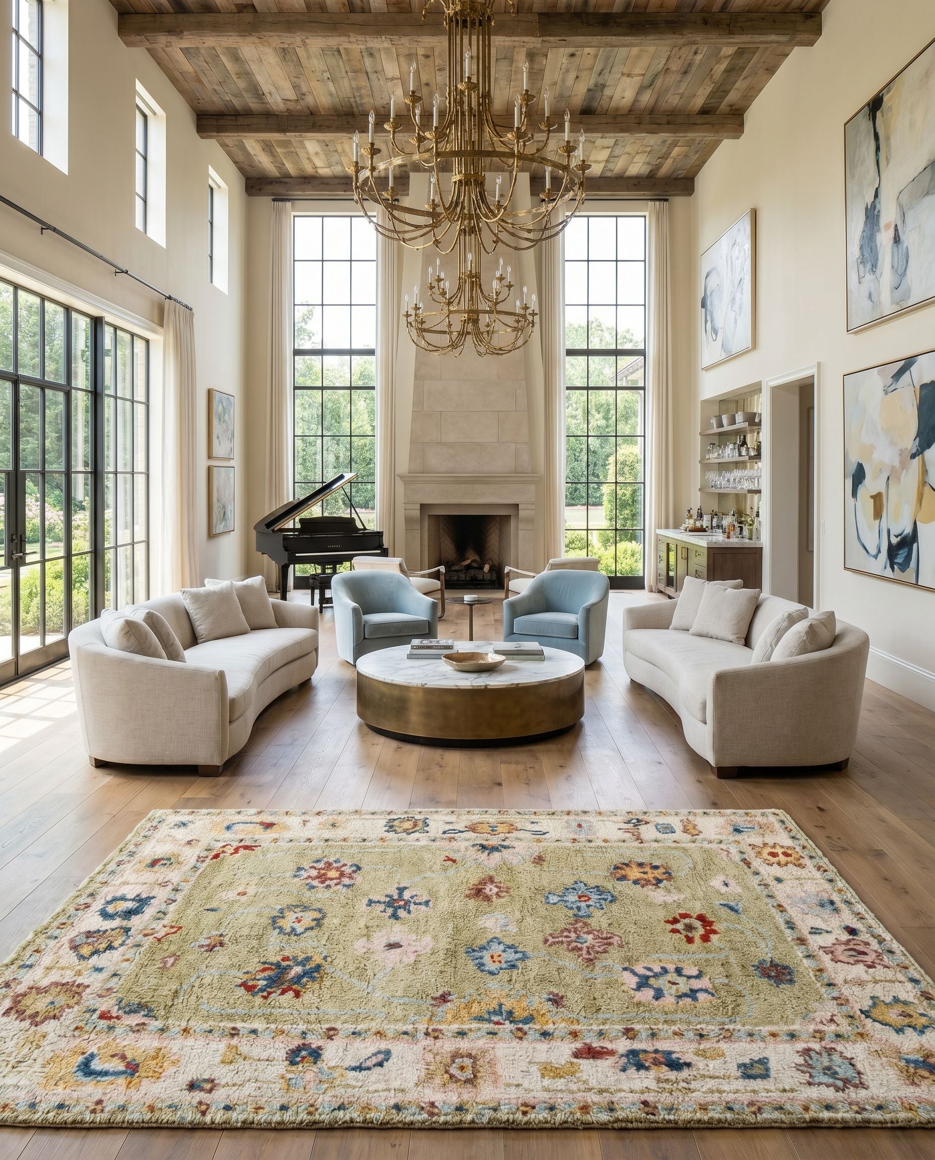 Marrakech MRK-2307 Hand Knotted Rug styled in an elegant designer living room — hand knotted traditional area rug in light sage, dark blue, pale blue and light pink tones