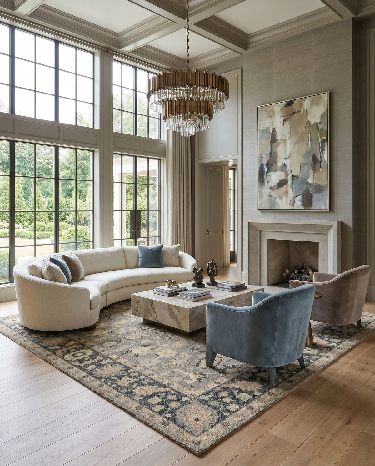 Reign REG-2320 Hand Knotted Rug styled in an elegant designer living room — hand knotted traditional area rug in beige, brown, olive and black tones