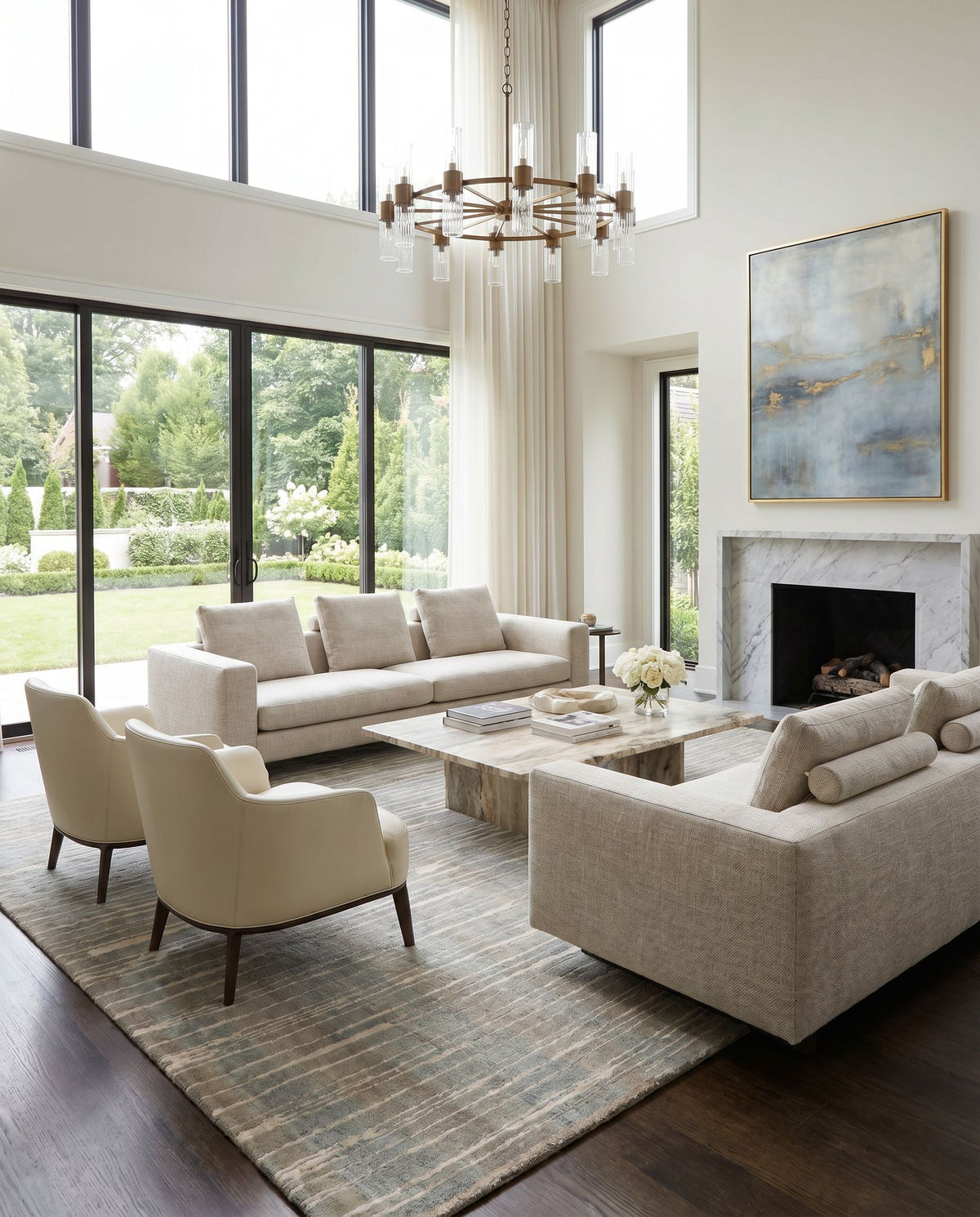 Luminous LMN-3022 Hand Knotted Rug styled in an elegant designer living room — hand knotted modern area rug in sage tones