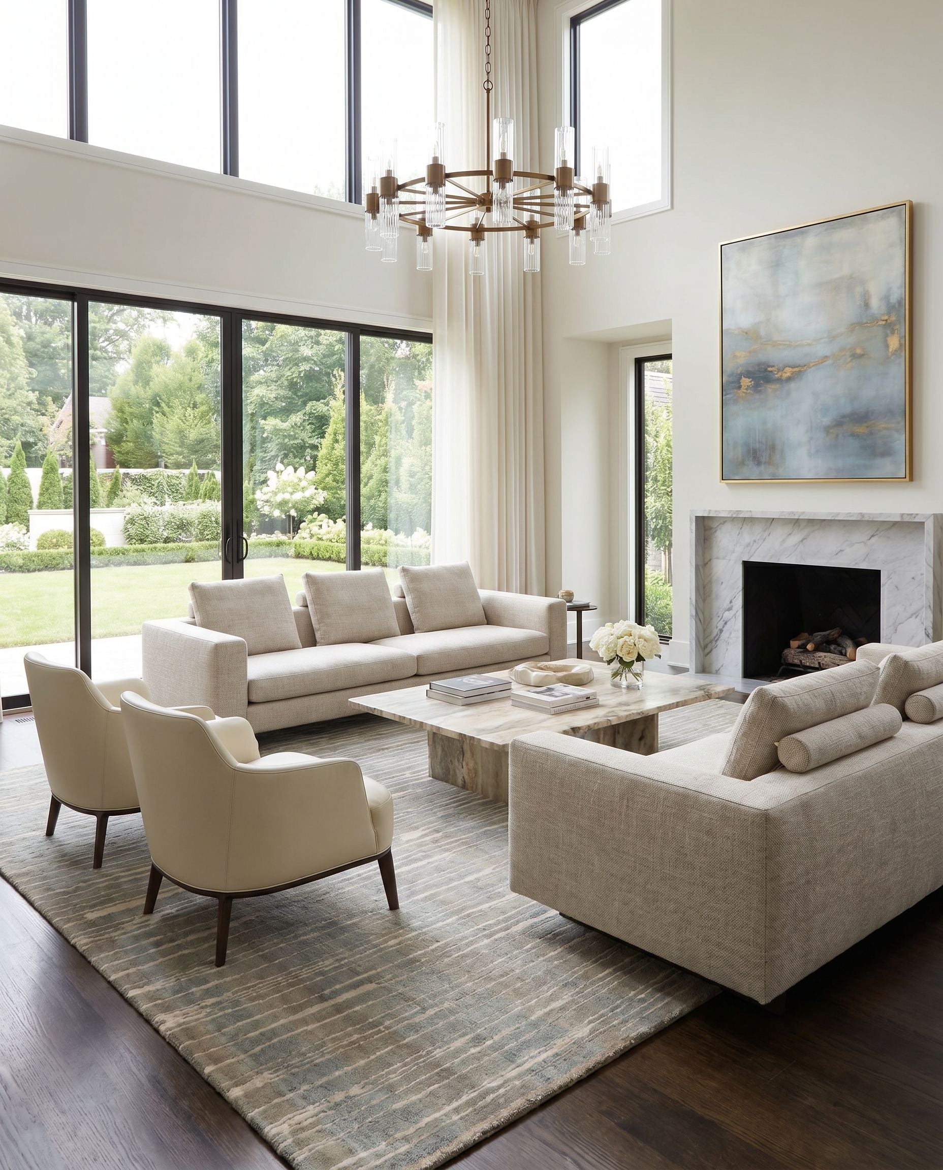 Luminous LMN-3022 Hand Knotted Rug styled in an elegant designer living room — hand knotted modern area rug in sage tones