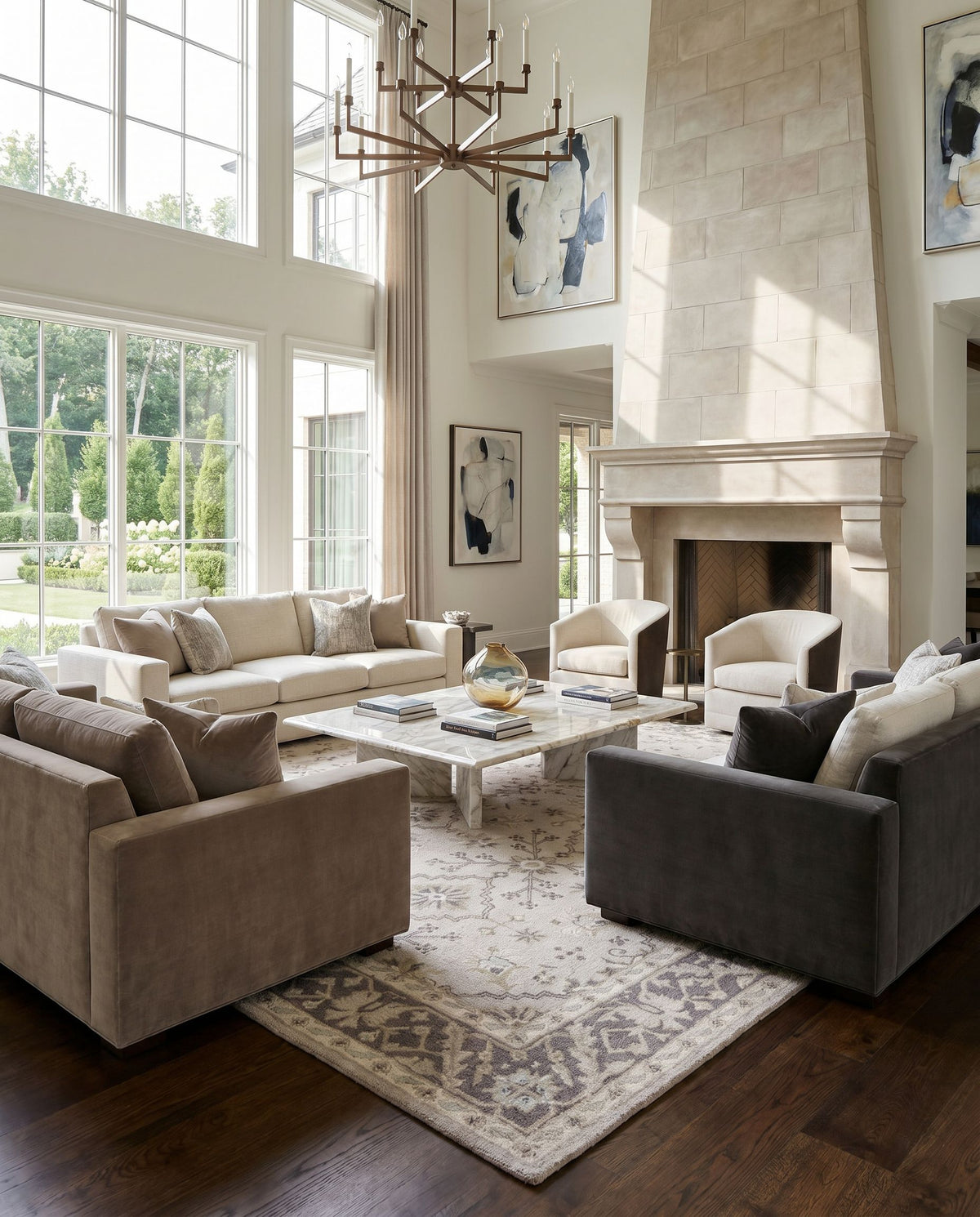 Castille CTL-2000 Hand Tufted Rug styled in an elegant designer living room — hand tufted traditional area rug in medium gray, charcoal, off-white and light brown tones
