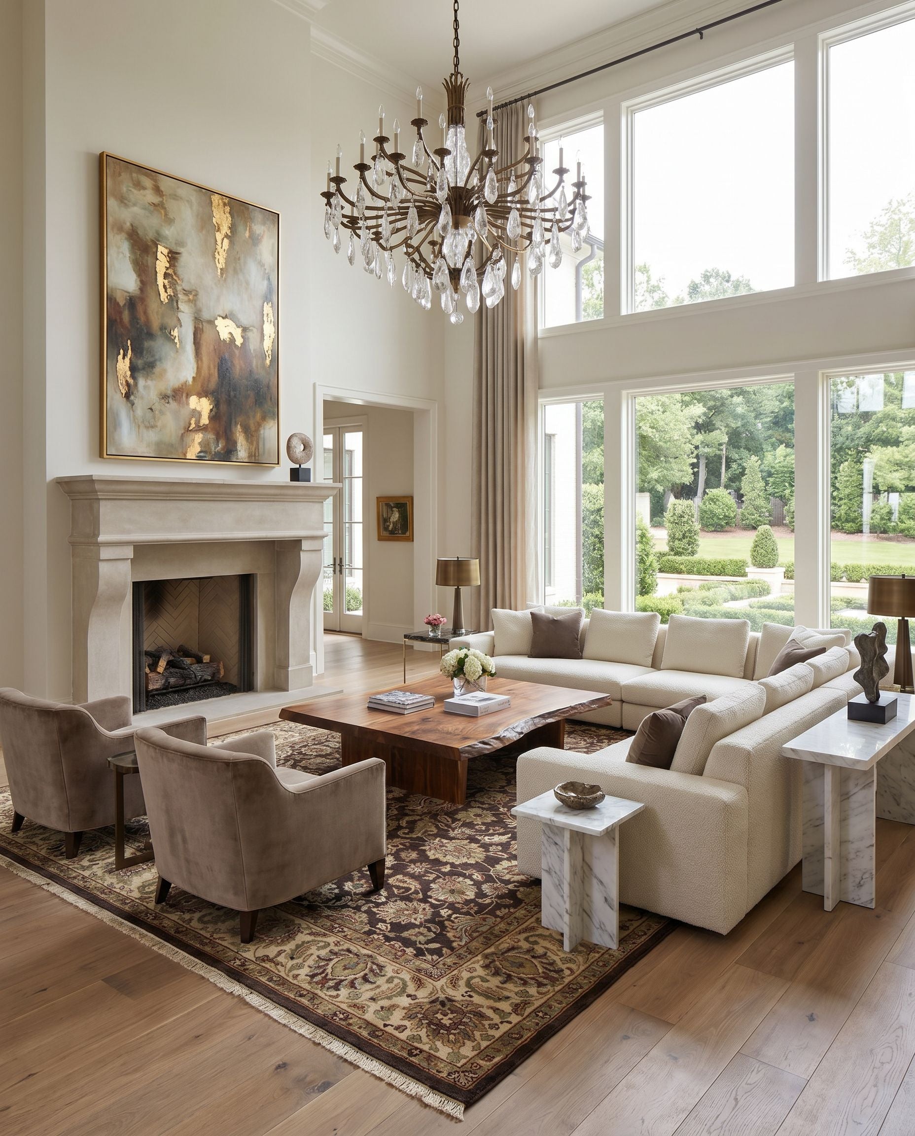 Heirloom HLM-6001 Hand Knotted Rug styled in an elegant designer living room — hand knotted traditional area rug in beige, dark brown, mustard and rust tones