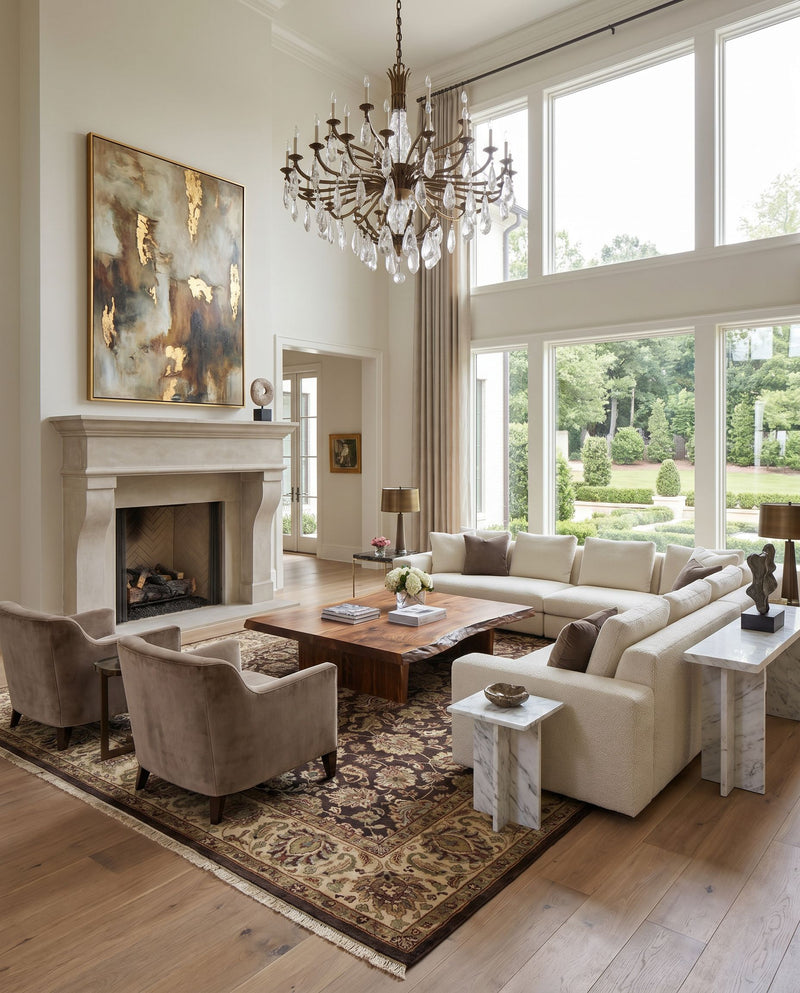 Heirloom HLM-6001 Hand Knotted Rug styled in an elegant designer living room — hand knotted traditional area rug in beige, dark brown, mustard and rust tones