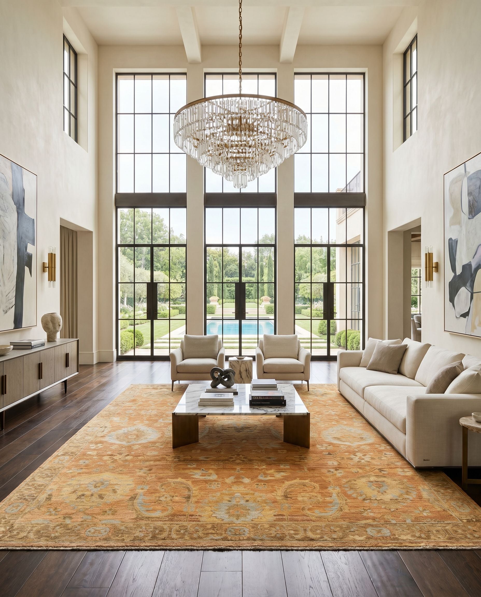 Ghazni GHZ-2300 Hand Knotted Rug styled in an elegant designer living room — hand knotted traditional area rug in burnt orange, light brown, mauve and tan tones