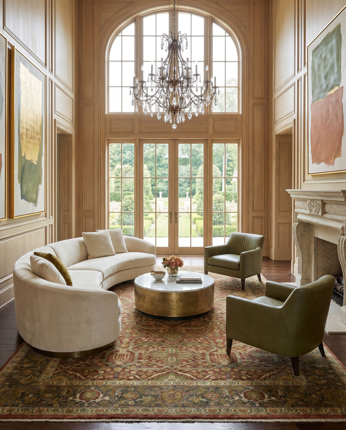 Pazyryk PZY-1001 Hand Knotted Rug styled in an elegant designer living room — hand knotted traditional area rug in rust, dark brown, yellow and grass green tones