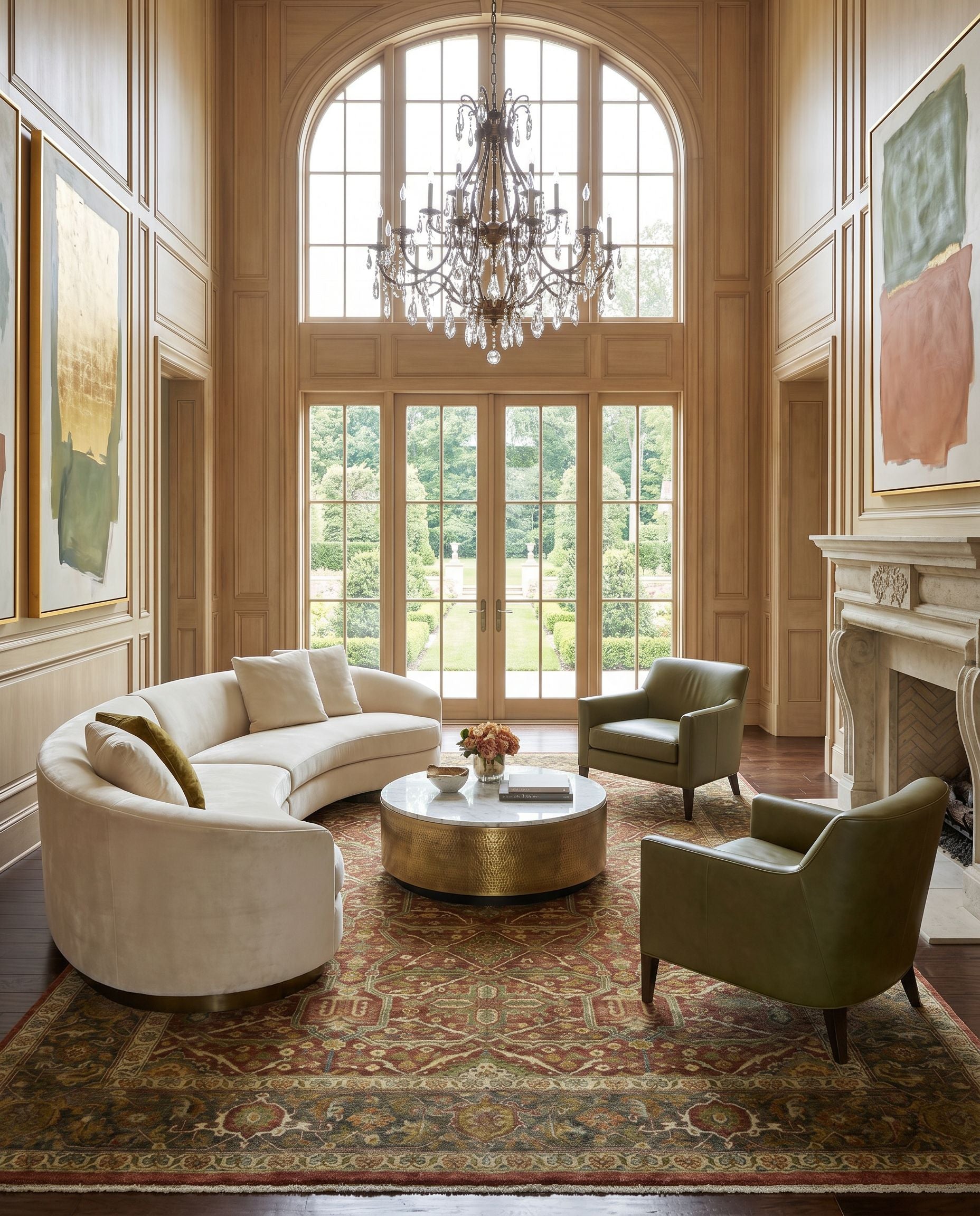 Pazyryk PZY-1001 Hand Knotted Rug styled in an elegant designer living room — hand knotted traditional area rug in rust, dark brown, yellow and grass green tones