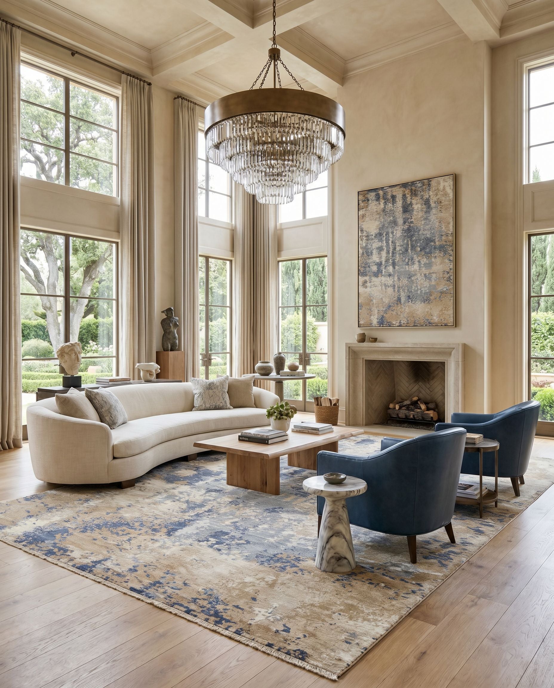 Emery EYM-2300 Hand Knotted Rug styled in an elegant designer living room — hand knotted modern area rug in gray, oatmeal, charcoal and beige tones