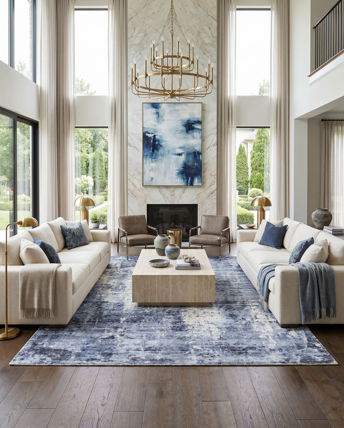 Park Avenue PAV-2302 Hand Loomed Rug styled in an elegant designer living room — hand loomed modern area rug in dark blue, denim, black and medium gray tones