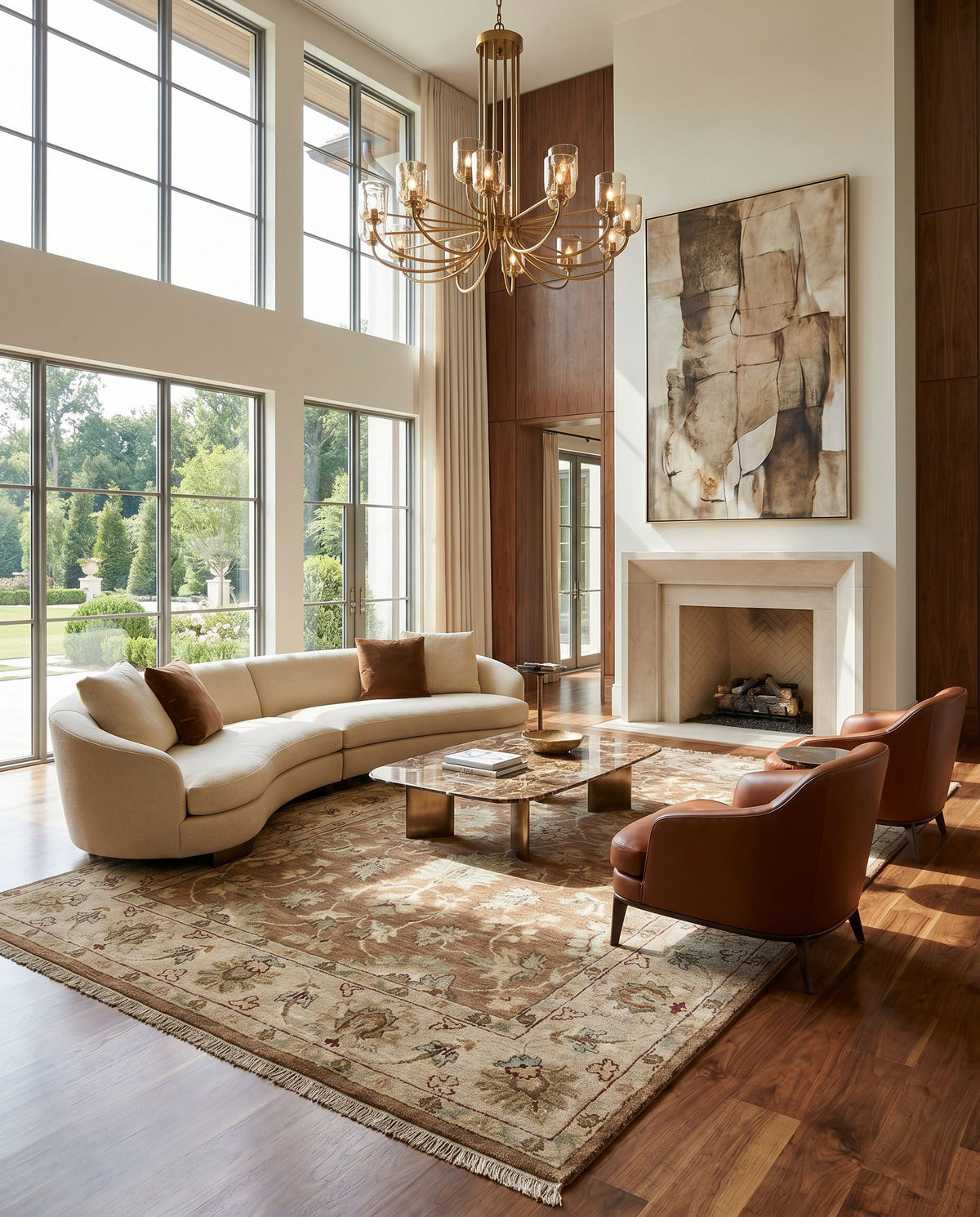 Estate EST-10503 Hand Knotted Rug styled in an elegant designer living room — hand knotted traditional area rug in camel, sage, dusty pink and dark brown tones