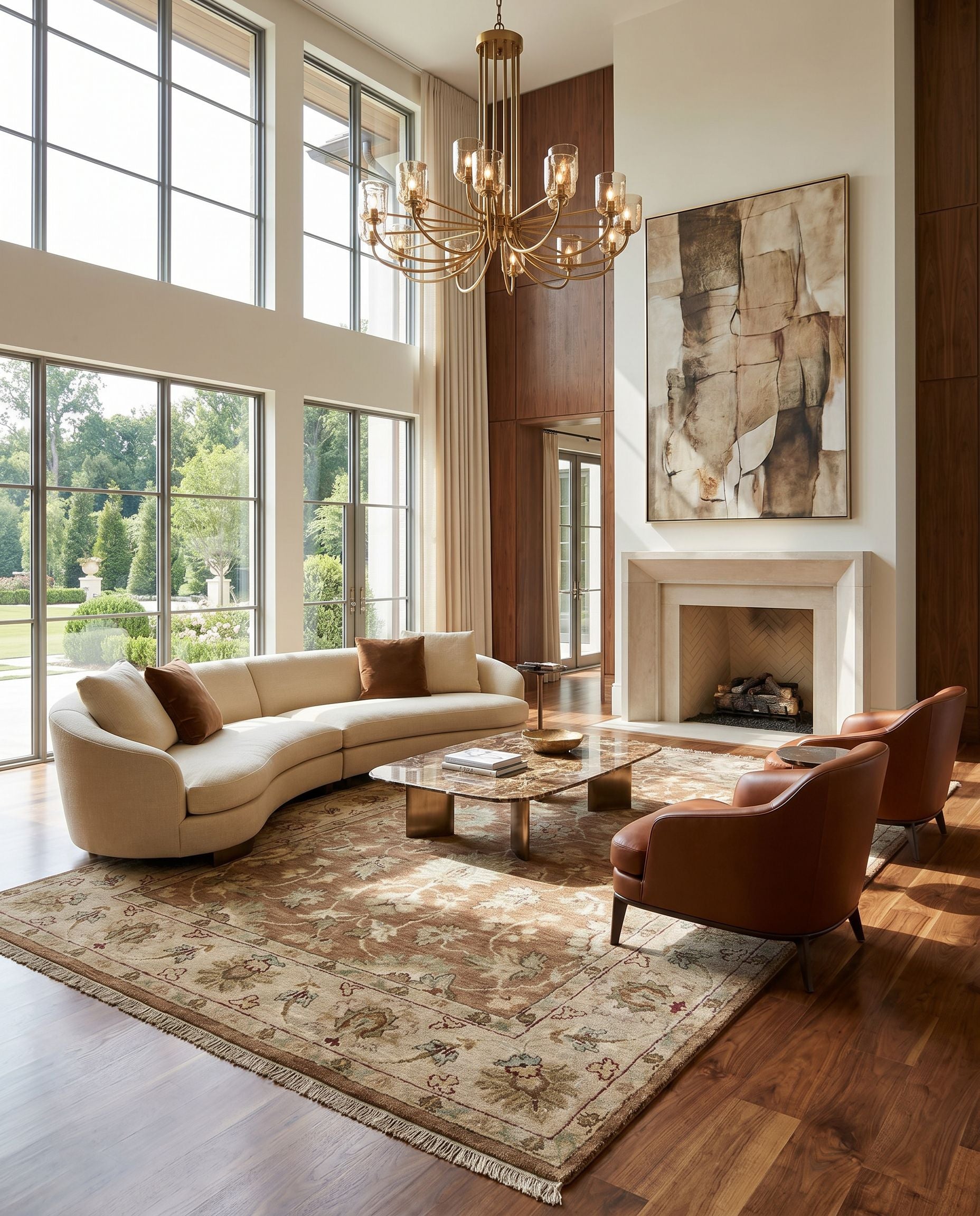 Estate EST-10503 Hand Knotted Rug styled in an elegant designer living room — hand knotted traditional area rug in camel, sage, dusty pink and dark brown tones