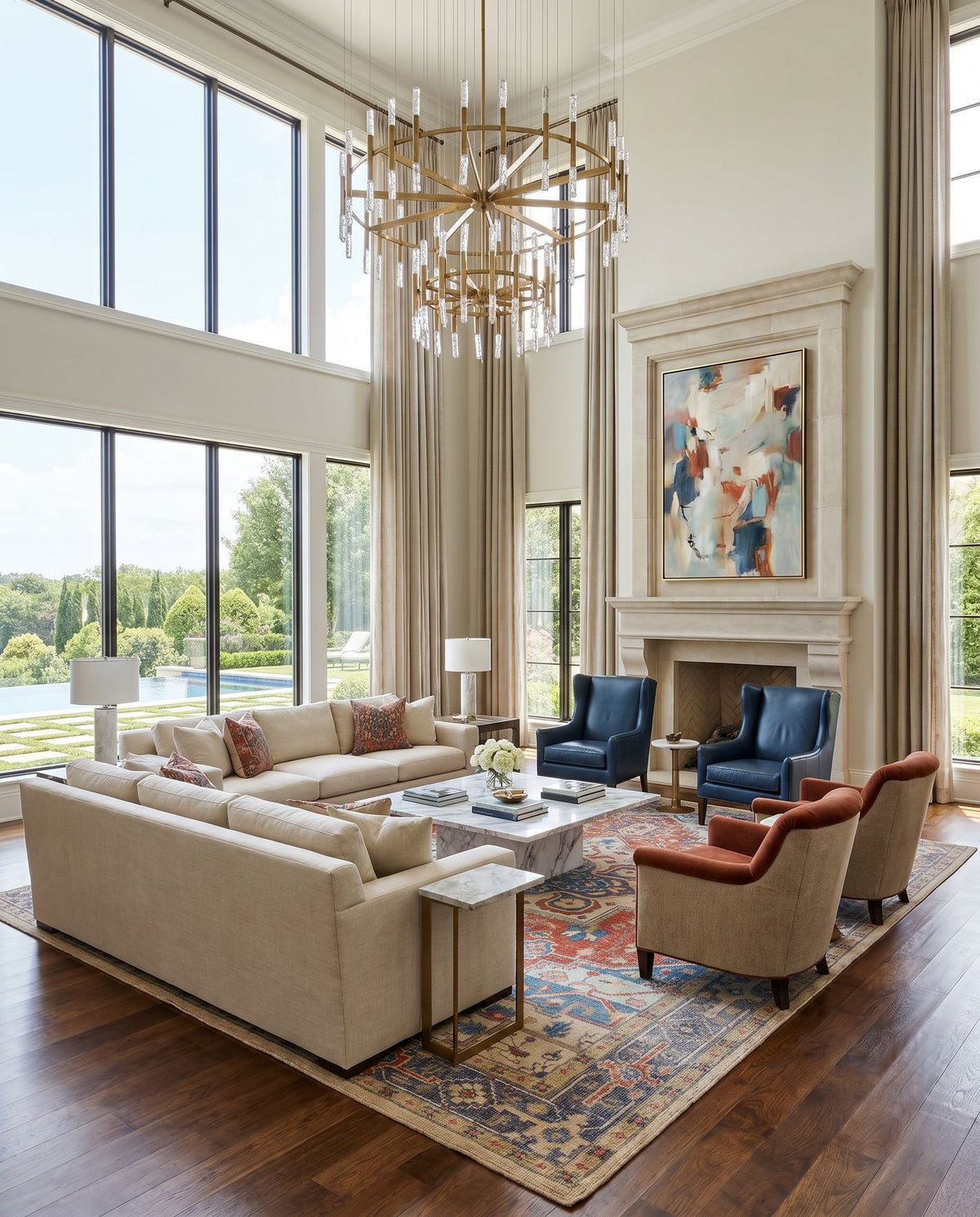 Kars KSA-2304 Hand Knotted Rug styled in an elegant designer living room — hand knotted traditional area rug in red, coral, blue and pale blue tones