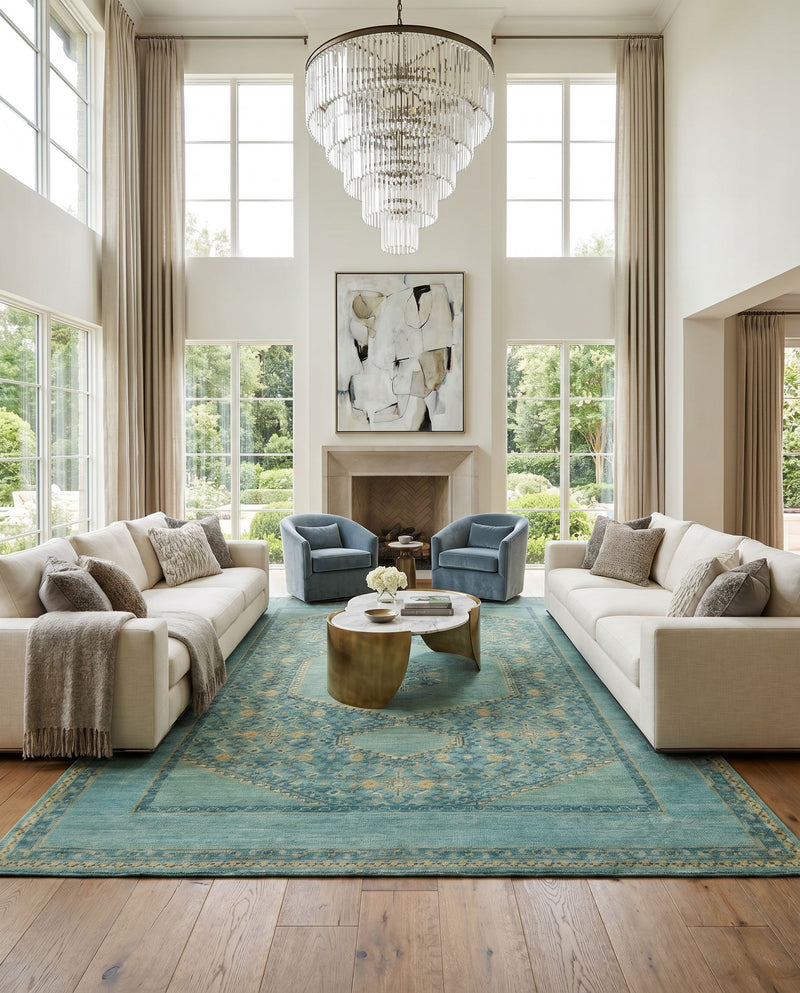 Haven HVN-1217 Hand Knotted Rug styled in an elegant designer living room — hand knotted traditional area rug in medium green, emerald, deep teal and olive tones