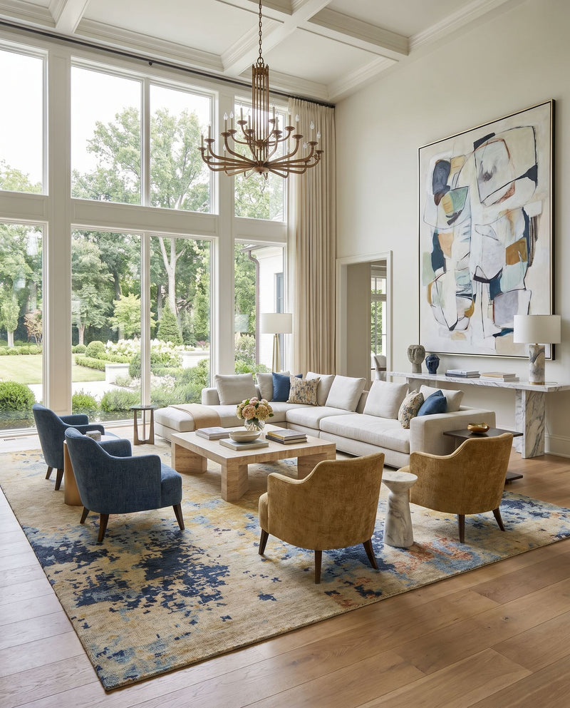 Odyssey ODY-2305 Hand Knotted Rug styled in an elegant designer living room — hand knotted modern area rug in denim, charcoal, light gray and light beige tones