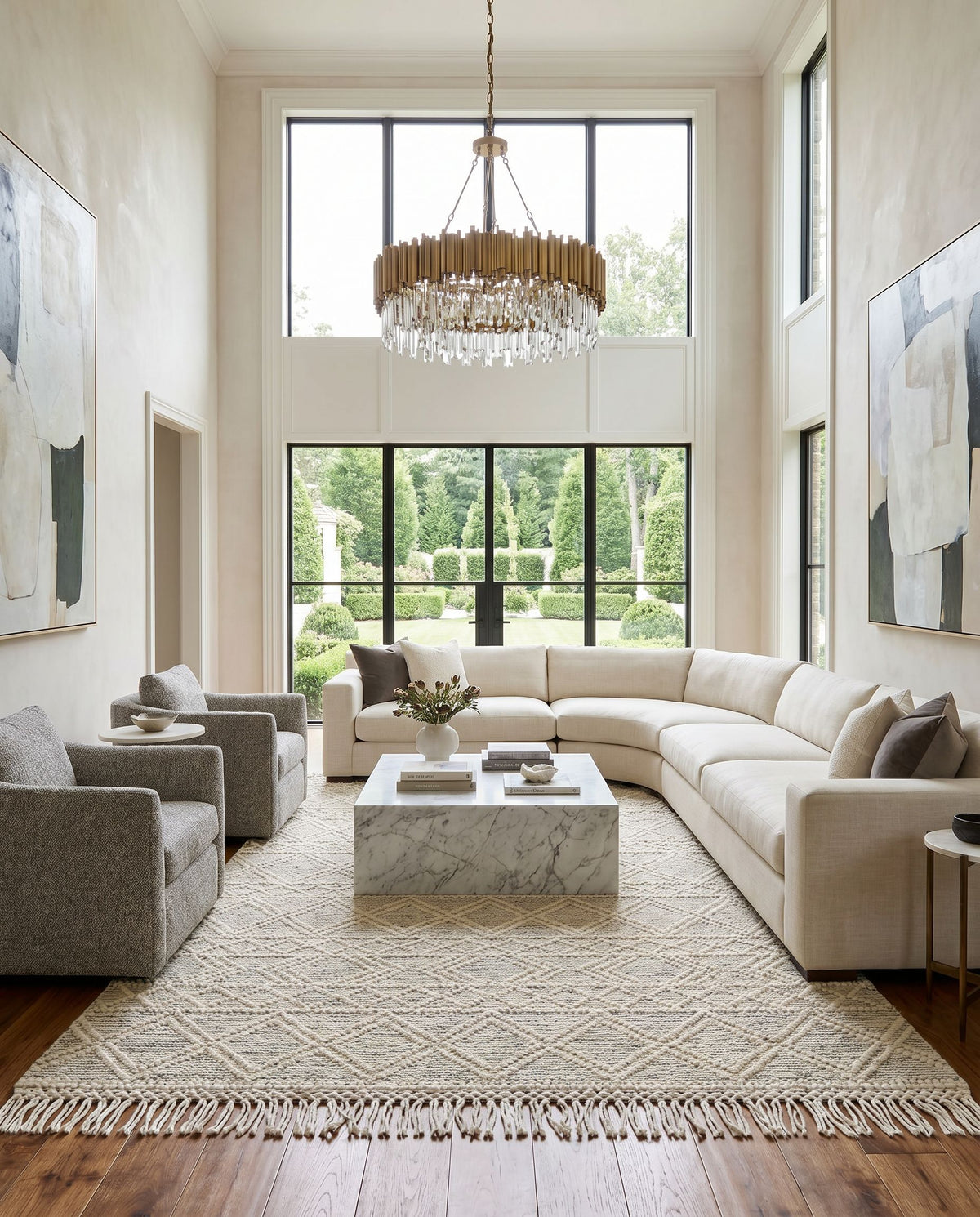 Hemingway HMG-2303 Hand Woven Rug styled in an elegant designer living room — hand woven global area rug in ivory and black tones