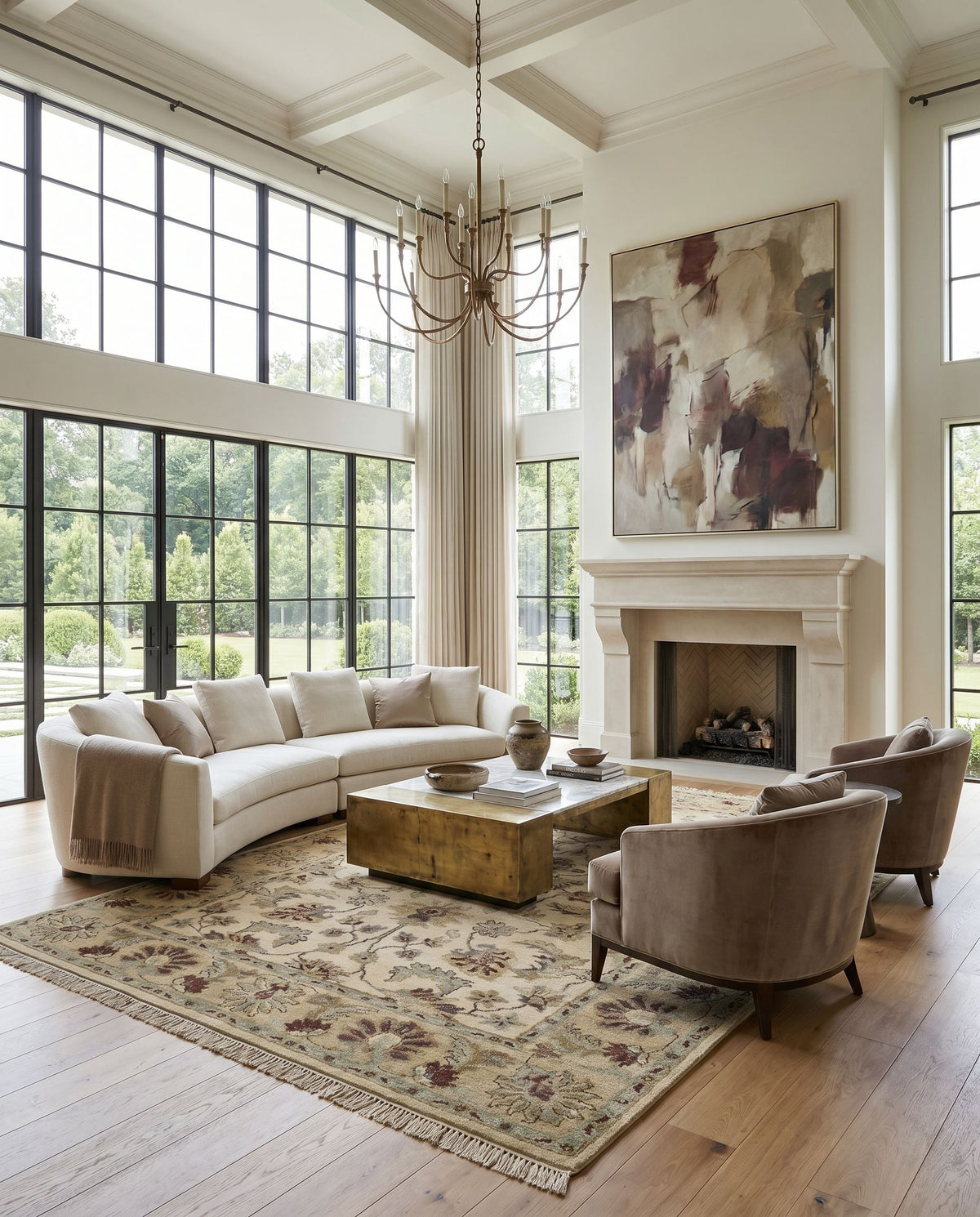 Estate EST-10505 Hand Knotted Rug styled in an elegant designer living room — hand knotted traditional area rug in driftwood tones
