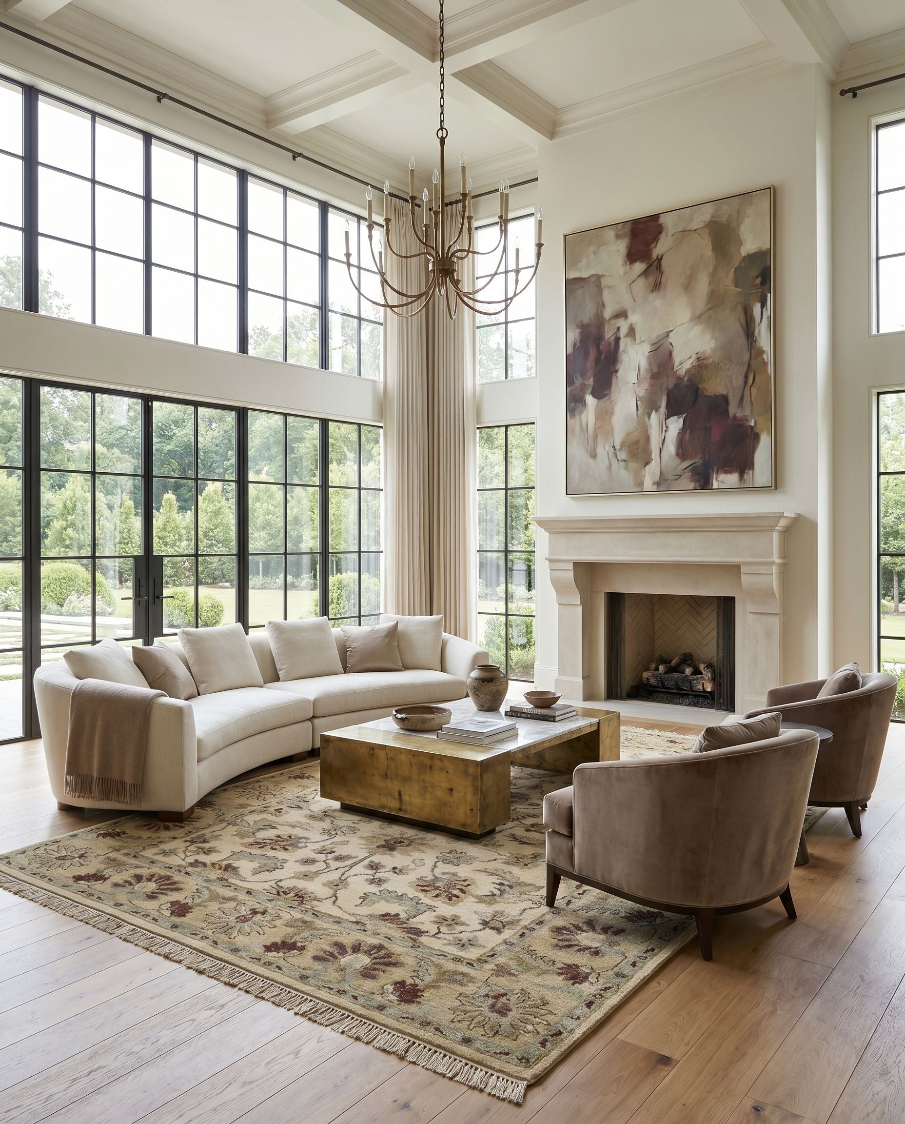 Estate EST-10505 Hand Knotted Rug styled in an elegant designer living room — hand knotted traditional area rug in driftwood tones
