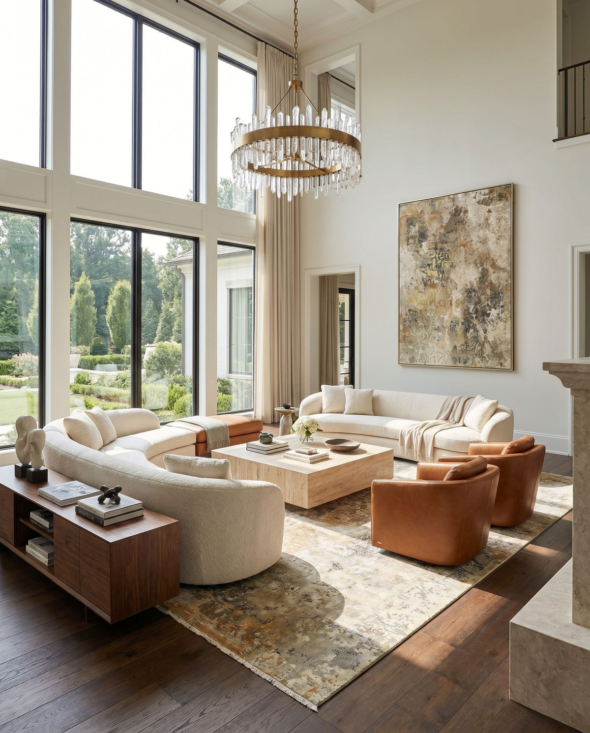 Colaba COA-2004 Hand Knotted Rug styled in an elegant designer living room — hand knotted modern area rug in sage, dusty sage, mustard and light olive tones
