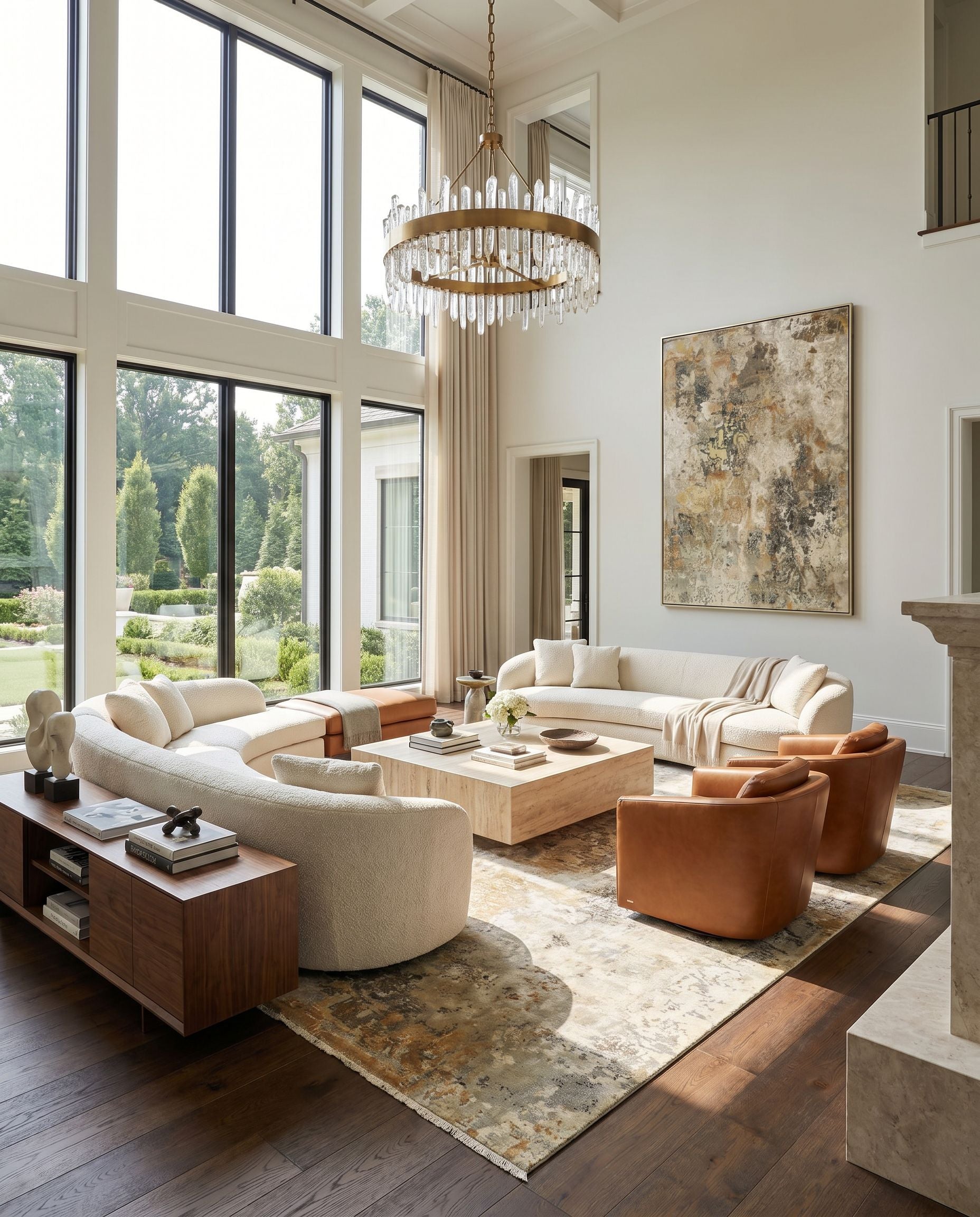 Colaba COA-2004 Hand Knotted Rug styled in an elegant designer living room — hand knotted modern area rug in sage, dusty sage, mustard and light olive tones