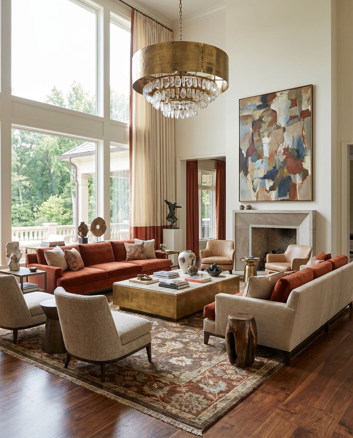Estate EST-10506 Hand Knotted Rug styled in an elegant designer living room — hand knotted traditional area rug in dark brown, rust, brown and dusty sage tones