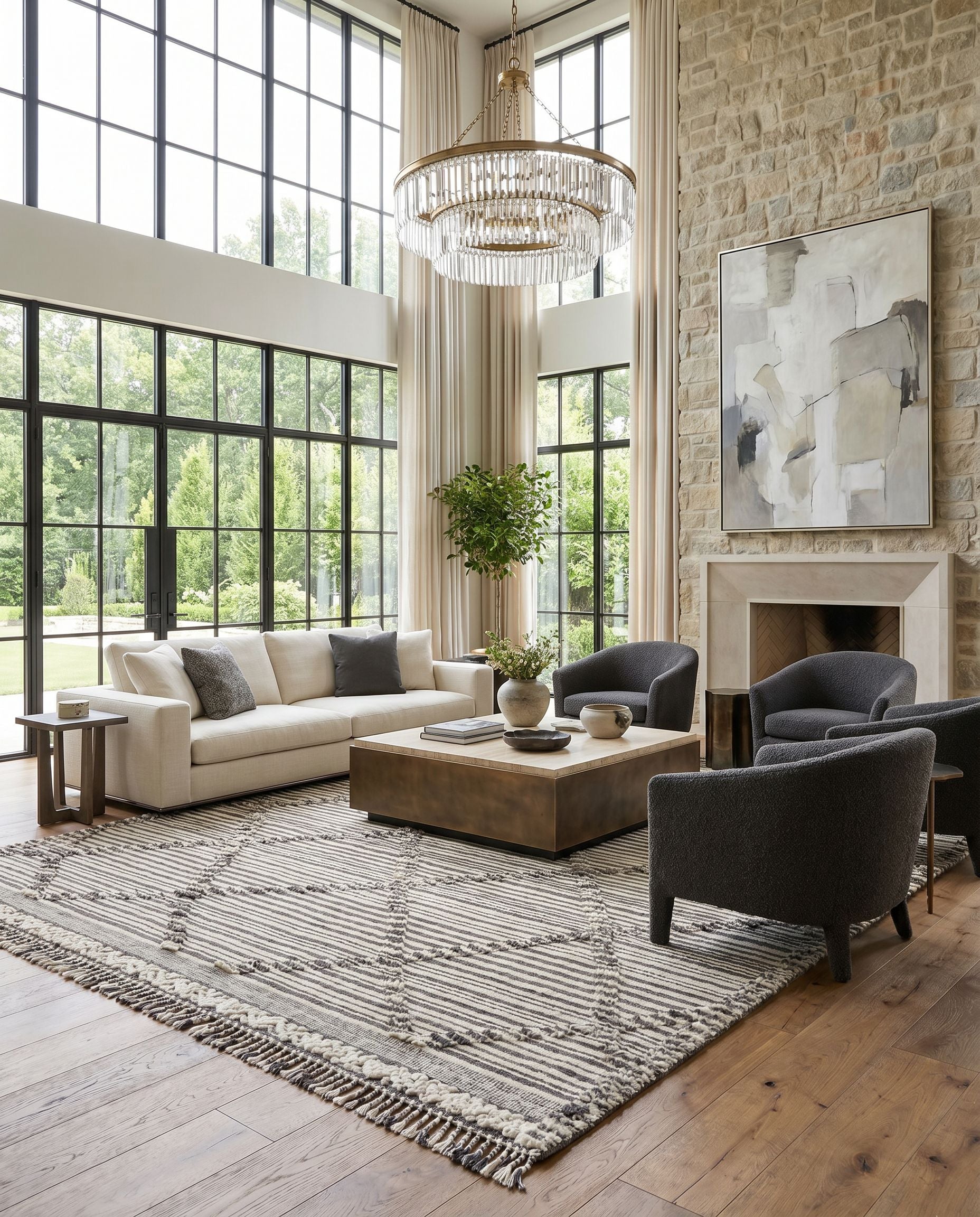 Cadiz CDZ-2300 Hand Knotted Rug styled in an elegant designer living room — hand knotted global area rug in ivory, black and gray tones