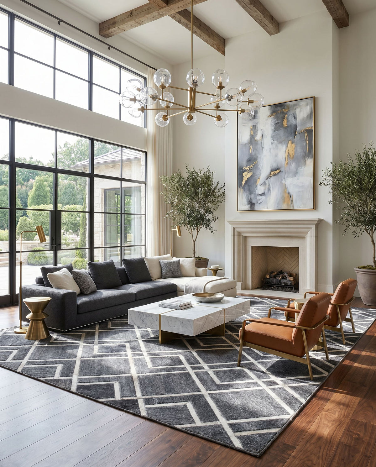 Eloquent ELQ-2305 Hand Crafted Rug styled in an elegant designer living room — hand crafted modern area rug in black, gray and light gray tones