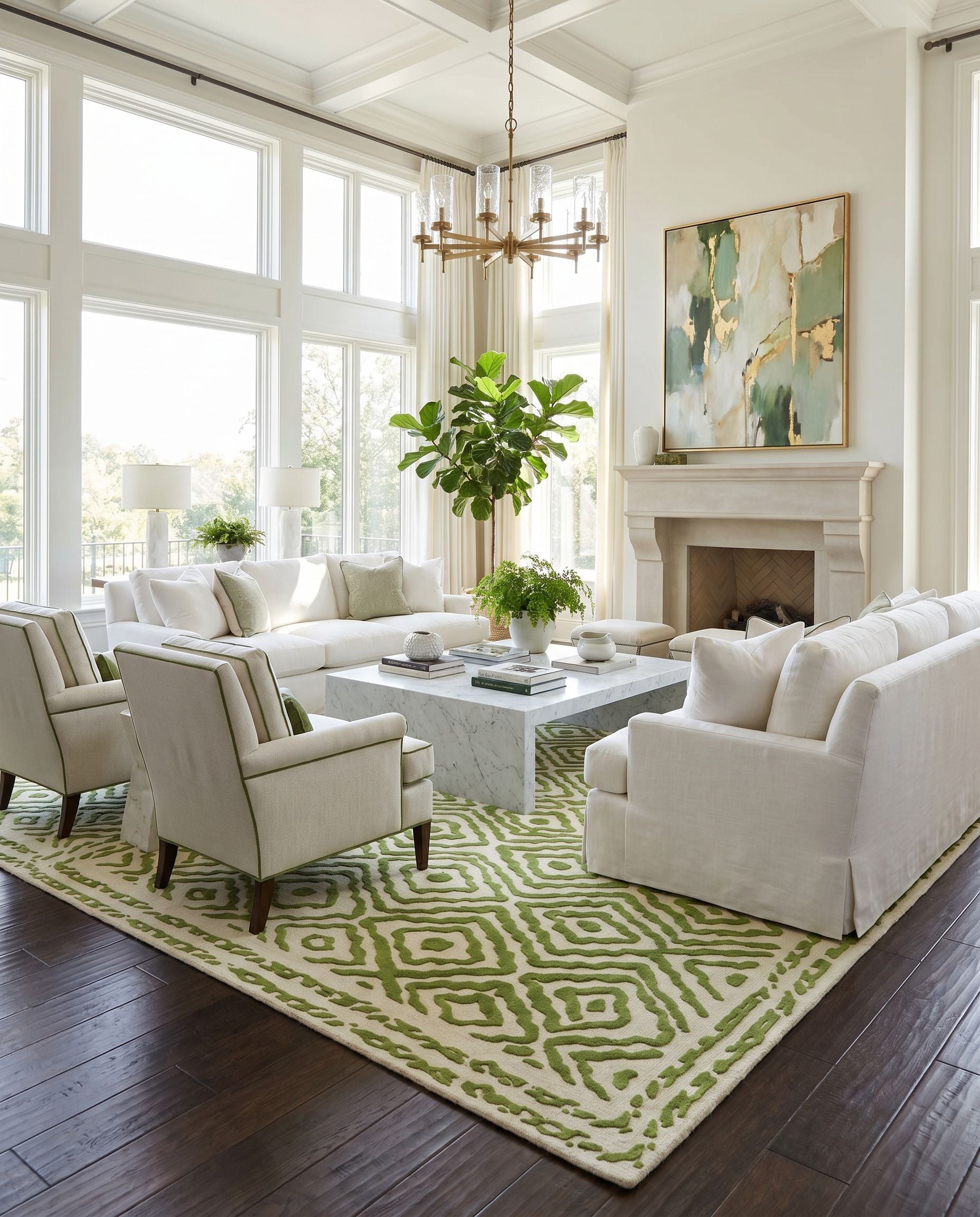 Atlas ATS-1009 Hand Knotted Rug styled in an elegant designer living room — hand knotted traditional area rug in grass green and light beige tones