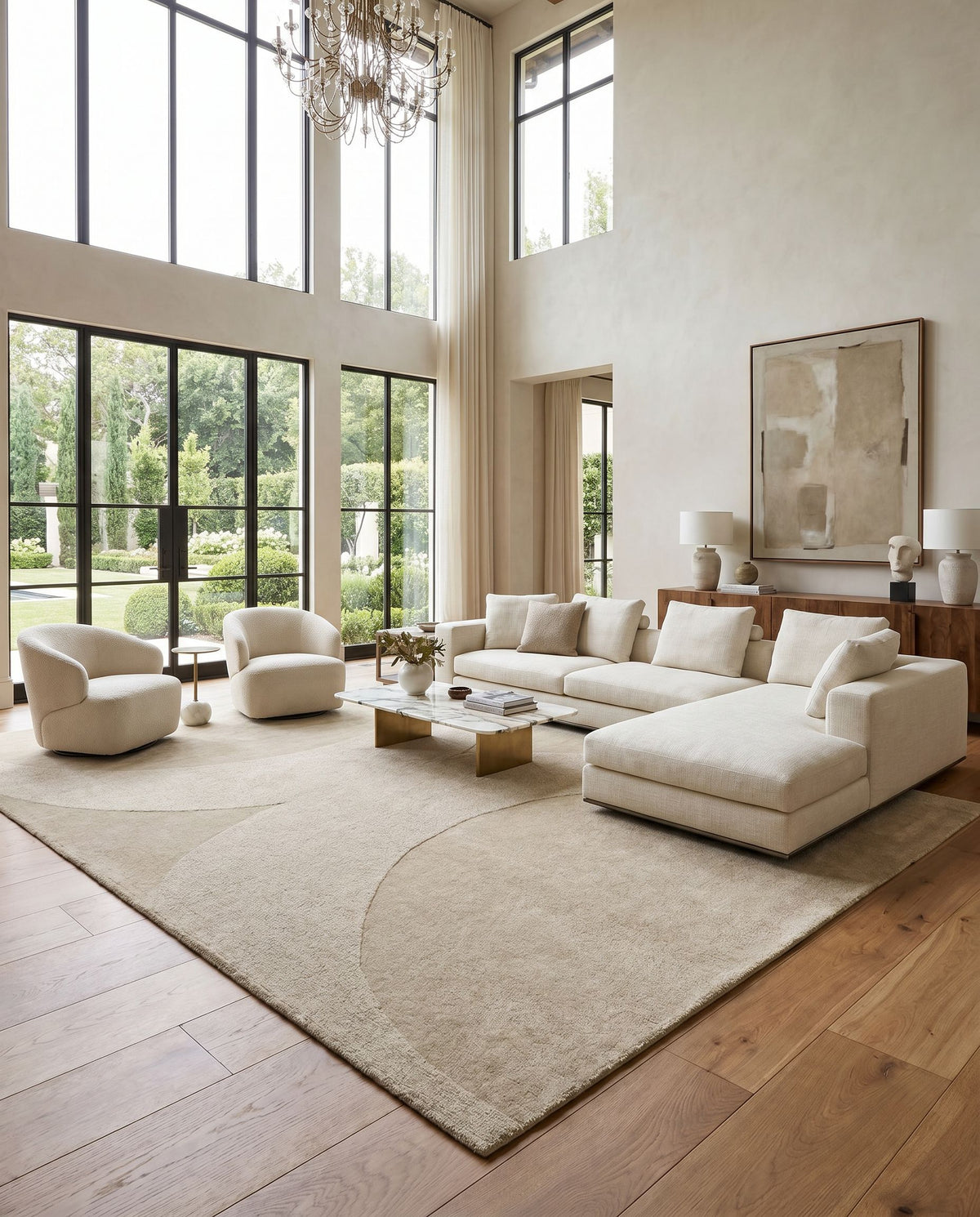Mystique M-5478 Hand Loomed Rug styled in an elegant designer living room — hand loomed modern area rug in beige, taupe and sandstone tones
