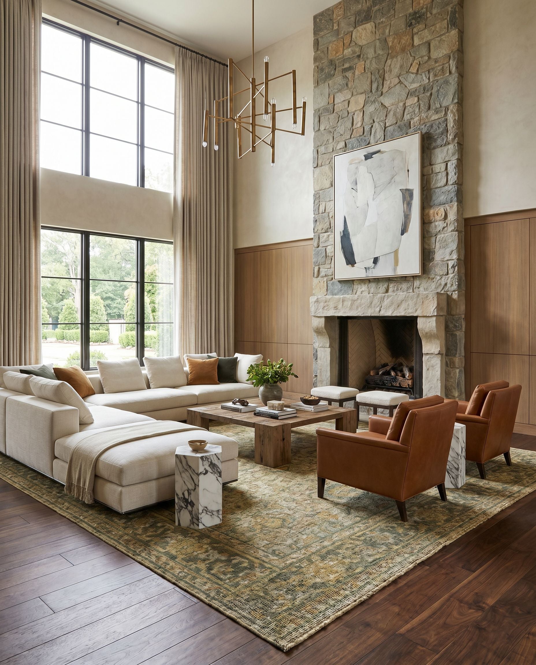 Reign REG-2305 Hand Knotted Rug styled in an elegant designer living room — hand knotted traditional area rug in tan, black, deep teal and teal tones