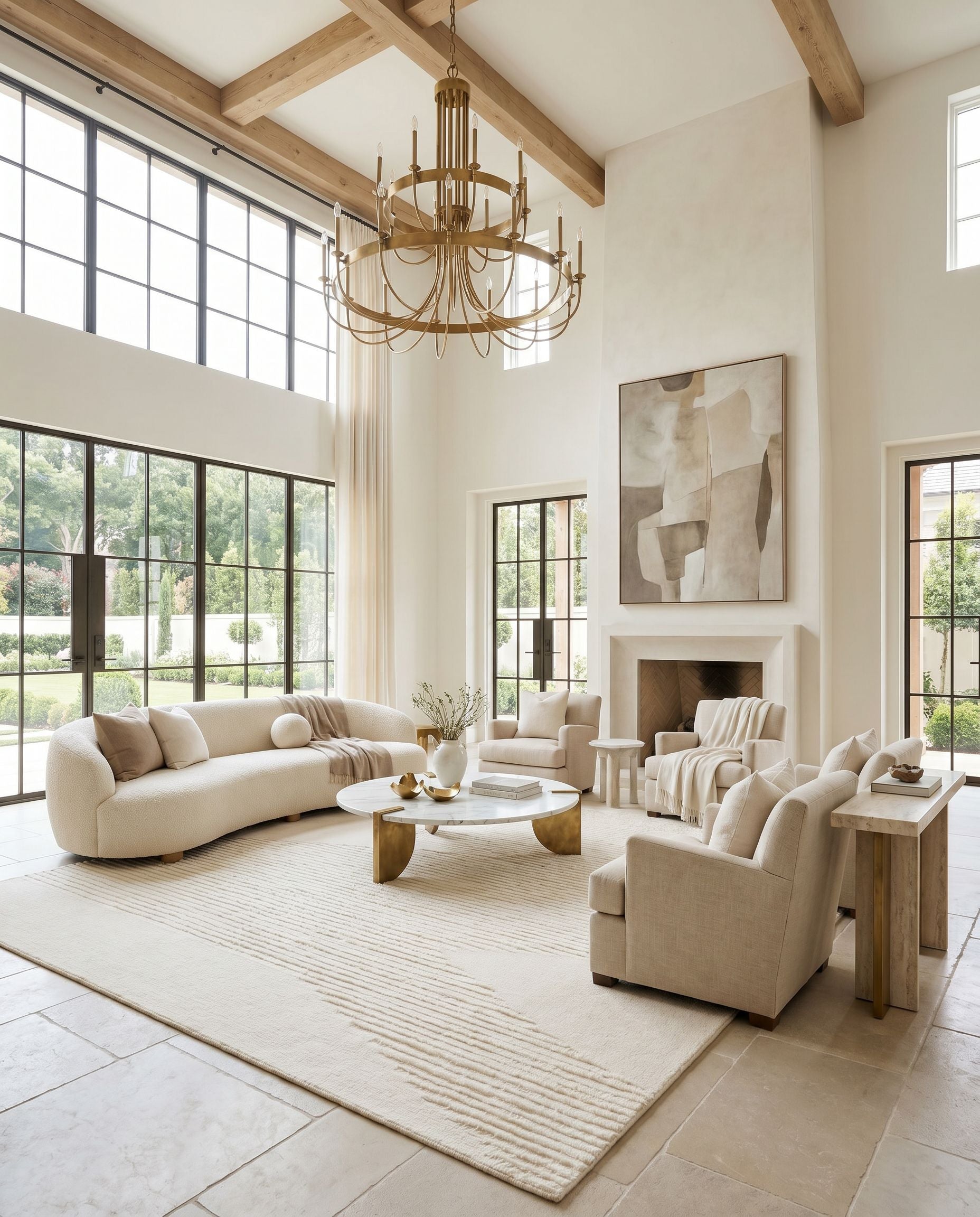 Apache APA-2301 Hand Woven Rug styled in an elegant designer living room — hand woven global area rug in cream tones