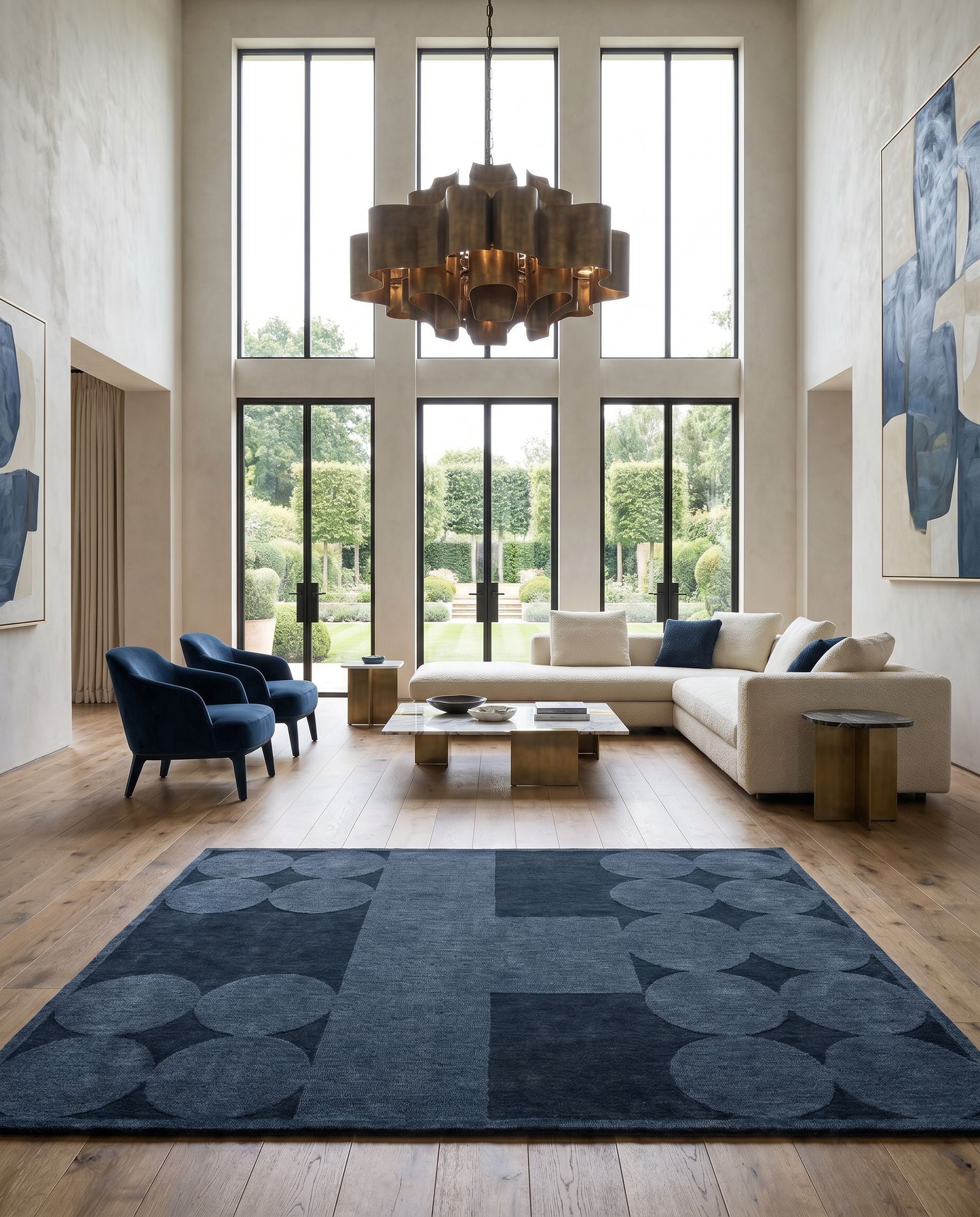 Mystique M-5479 Hand Loomed Rug styled in an elegant designer living room — hand loomed modern area rug in navy tones