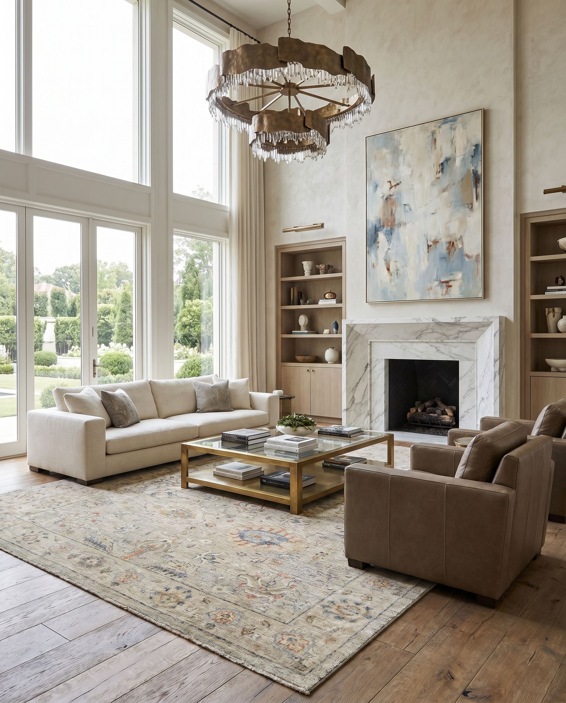 Anatolia ANY-2305 Hand Knotted Rug styled in an elegant designer living room — hand knotted traditional area rug in dark blue, rust, taupe and dark brown tones