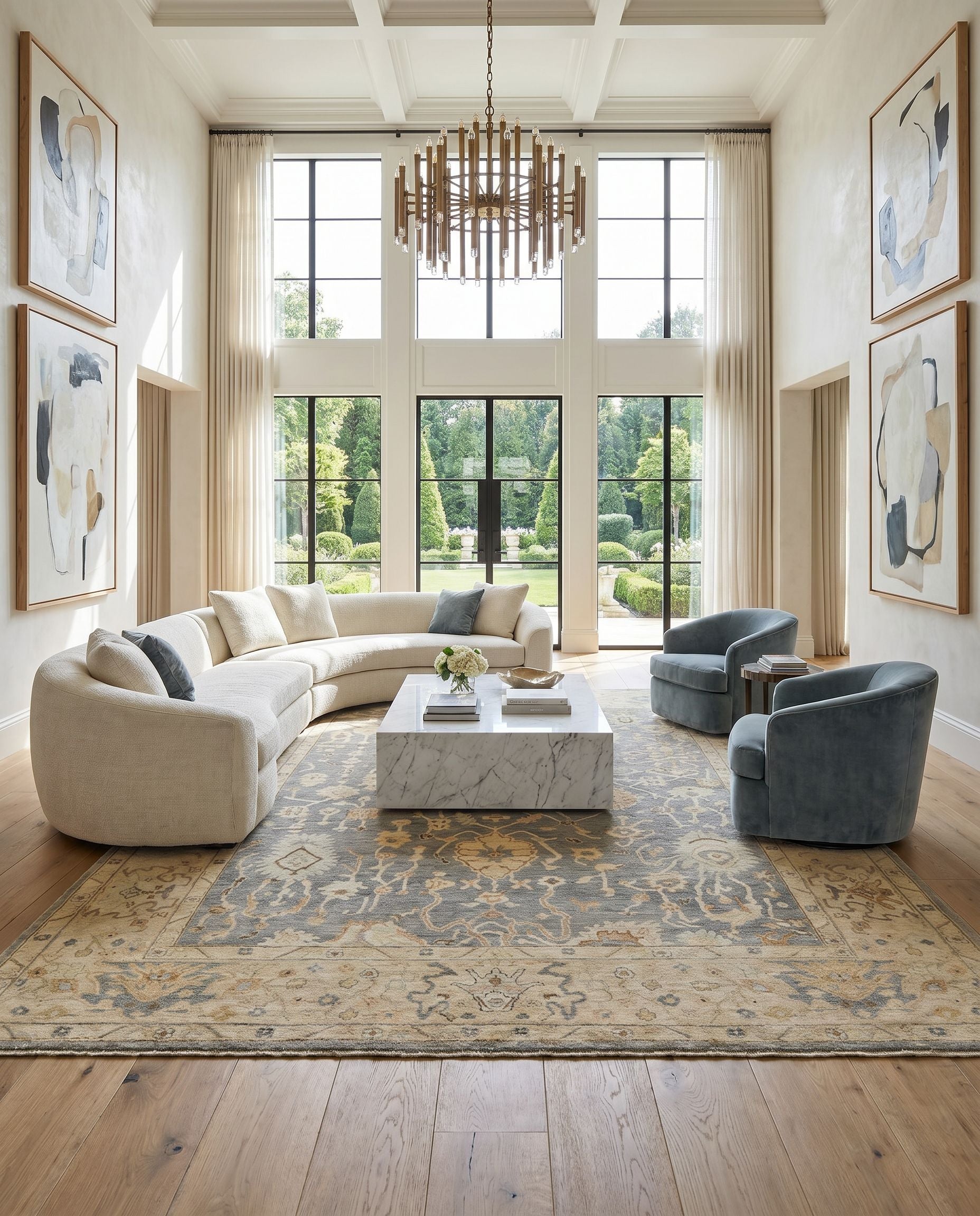 Normandy NOY-8007 Hand Knotted Rug styled in an elegant designer living room — hand knotted traditional area rug in charcoal, medium gray, beige and light blue tones