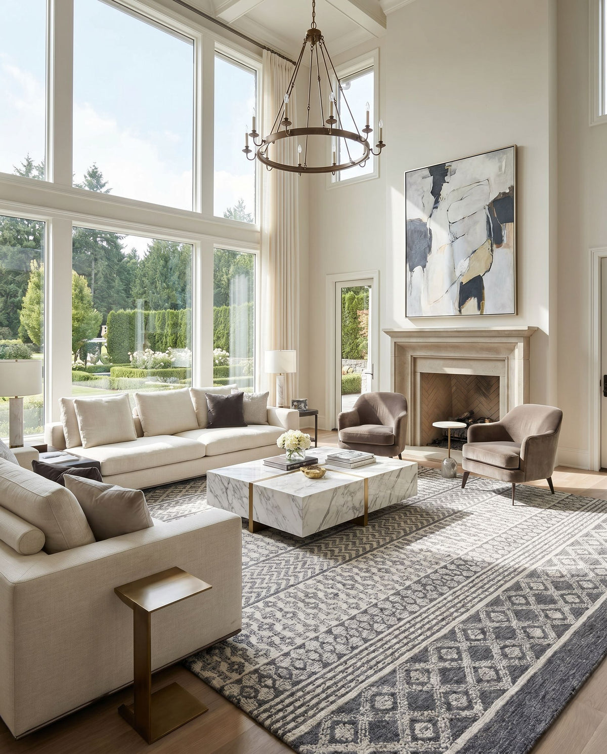 Maroc MAR-2305 Hand Tufted Rug styled in an elegant designer living room — hand tufted global area rug in light beige, oatmeal, charcoal and black tones