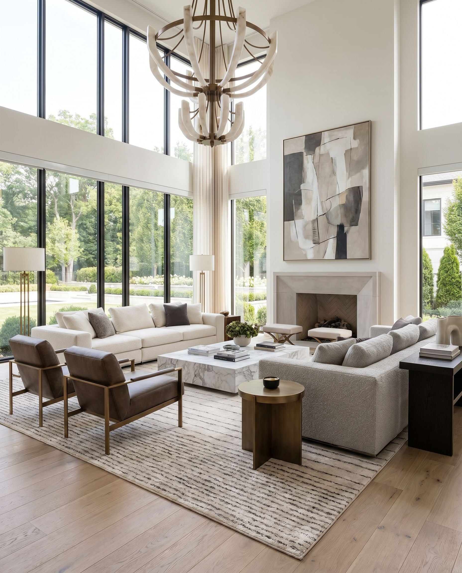 Falcon FLC-8004 Hand Tufted Rug styled in an elegant designer living room — hand tufted modern area rug in black, light beige and cream tones