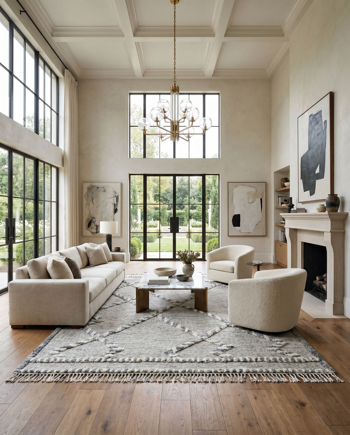 Cadiz CDZ-2301 Hand Knotted Rug styled in an elegant designer living room — hand knotted global area rug in medium gray, dark brown, ivory and medium brown tones