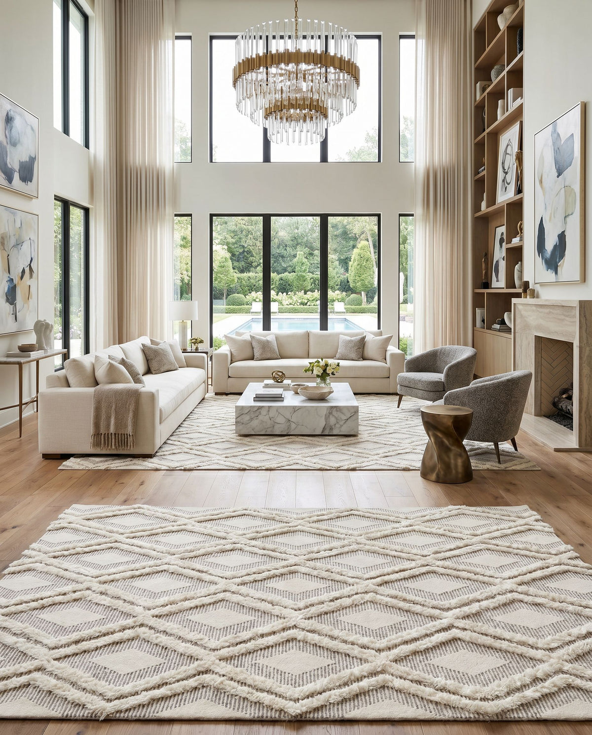 Cherokee CHK-2305 Hand Tufted Rug styled in an elegant designer living room — hand tufted global area rug in brown and cream tones
