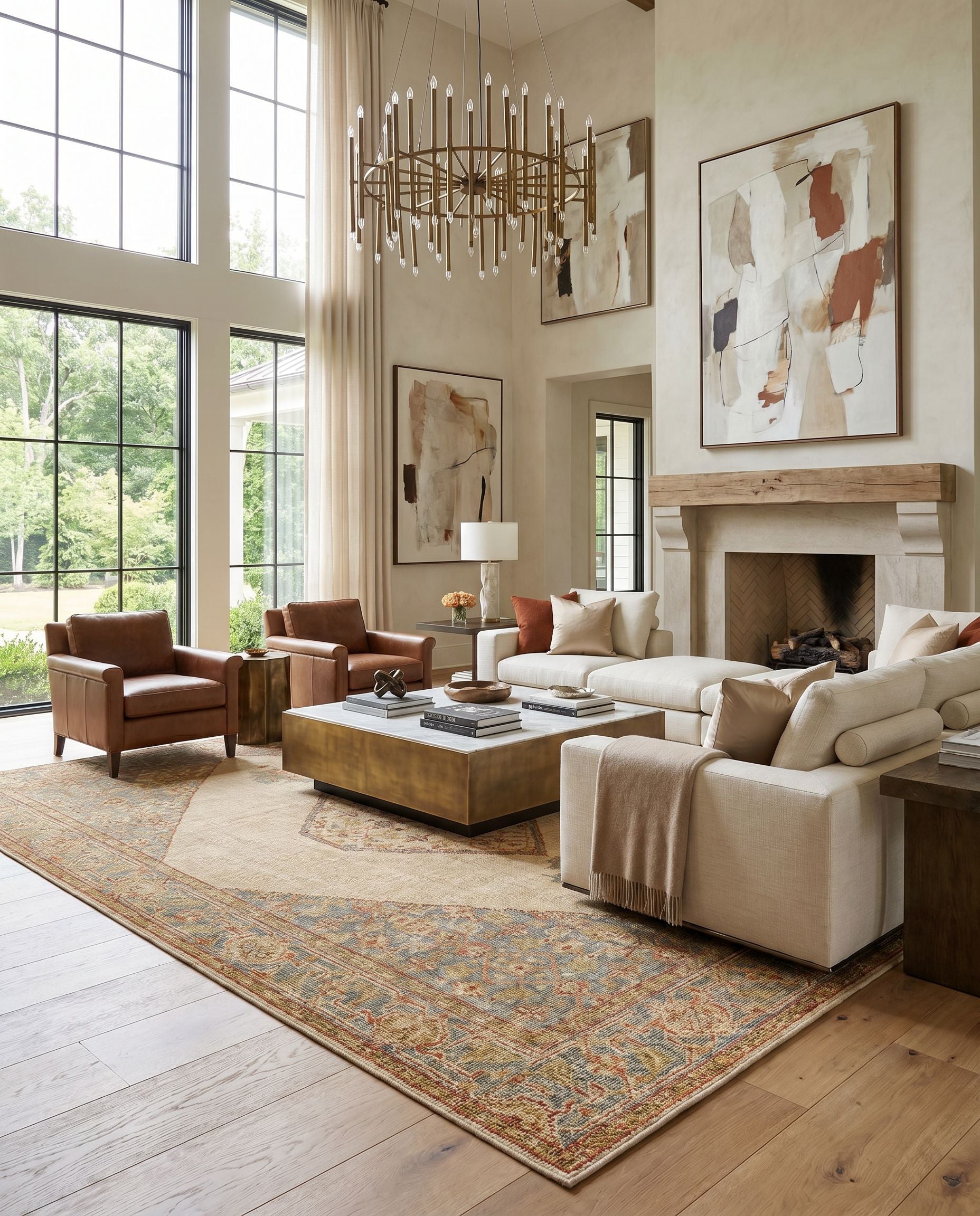 Zahra ZHA-2300 Hand Knotted Rug styled in an elegant designer living room — hand knotted traditional area rug in dusty sage, olive, rust and burnt orange tones