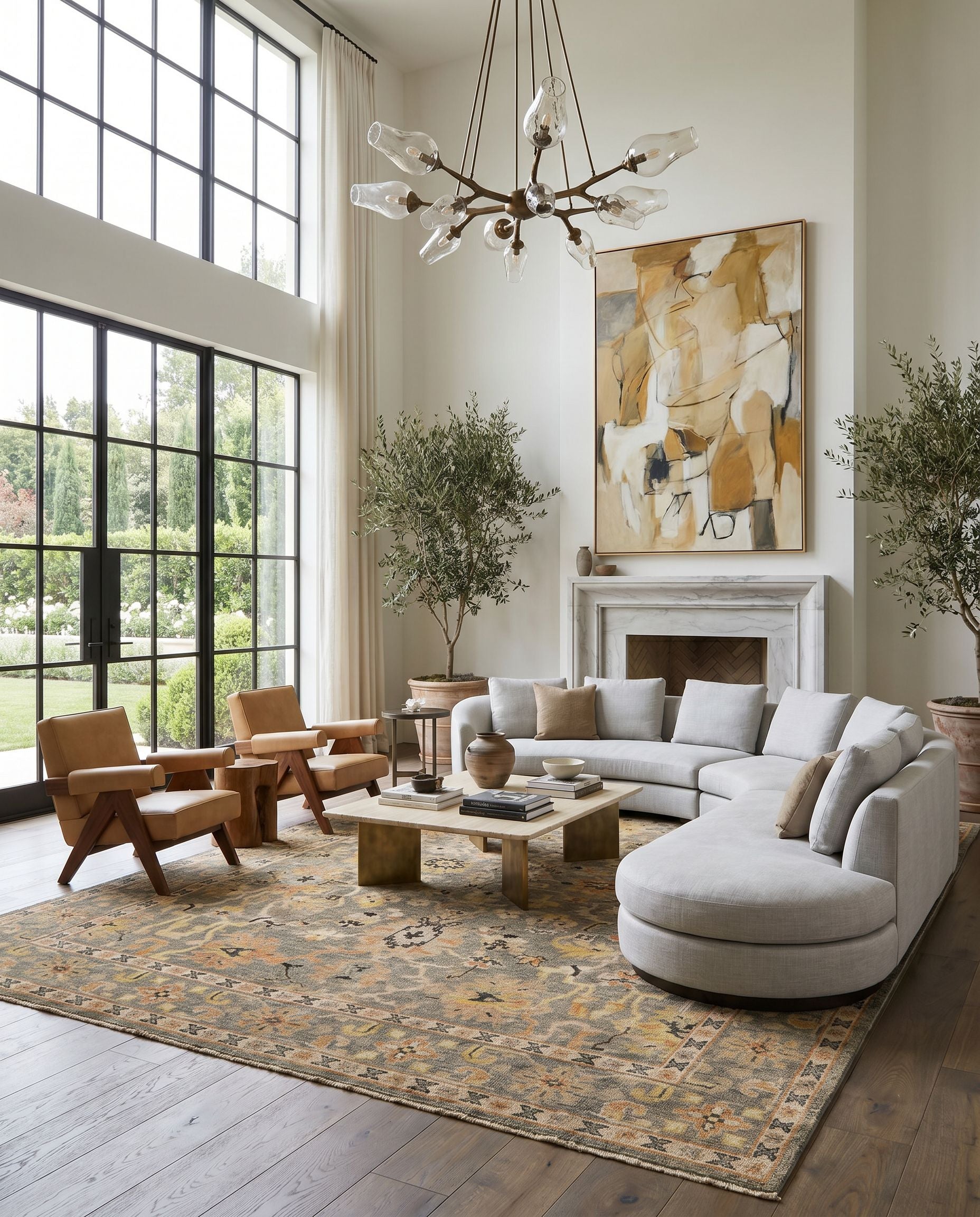 Reign REG-2313 Hand Knotted Rug styled in an elegant designer living room — hand knotted traditional area rug in light brown, black, dark brown and beige tones